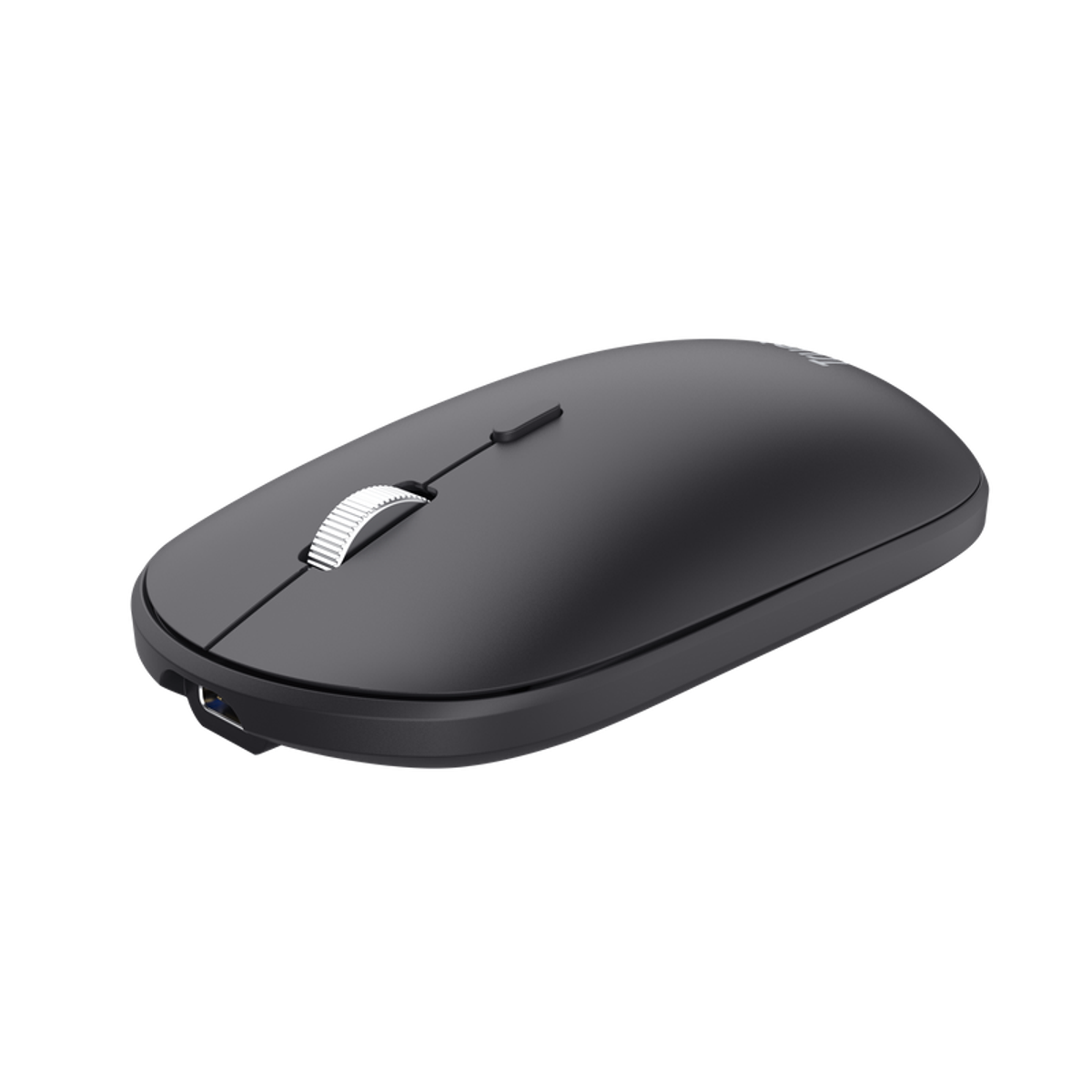 Ciemnoszara mysz bezprzewodowa z kółkiem przewijania.