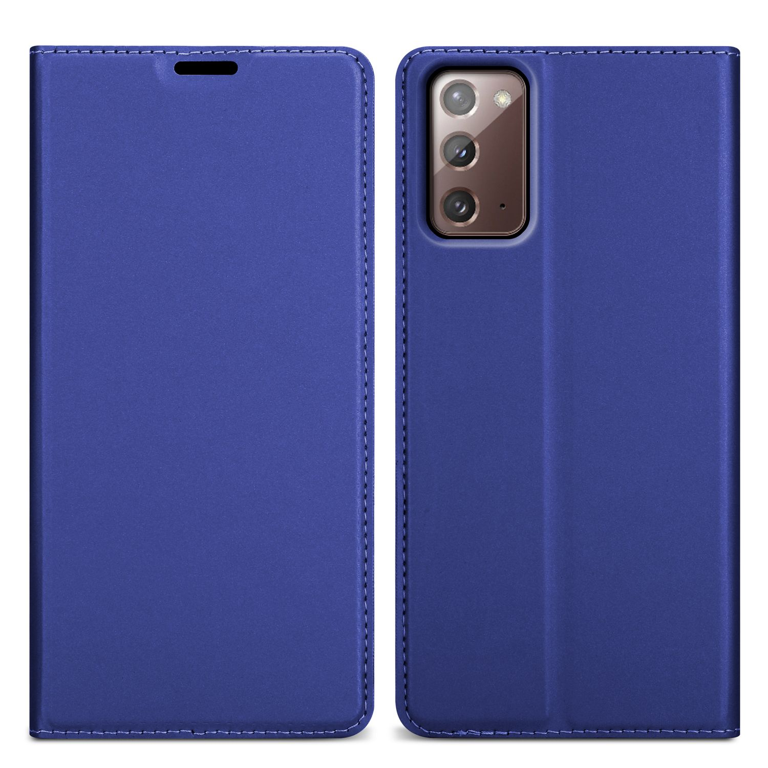 Una custodia per telefono blu, aperta, che mostra il telefono. La custodia è chiusa a destra.