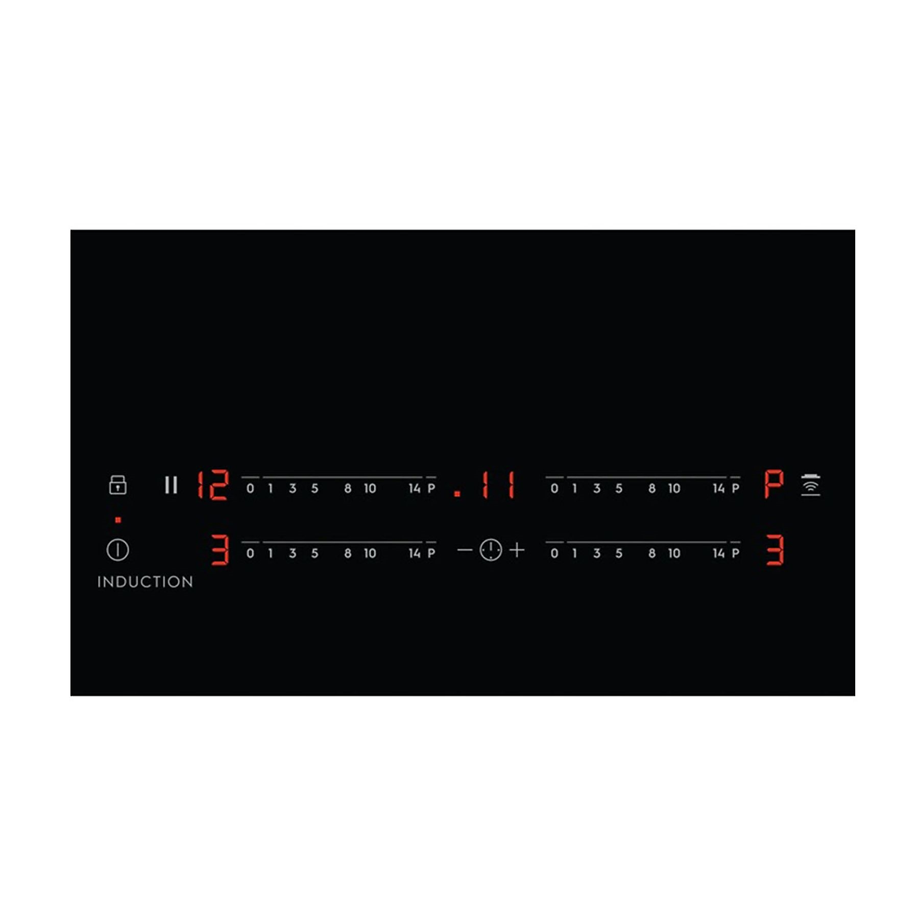 Czarna płyta indukcyjna z elementami dotykowymi, numerami i symbolem indukcji.