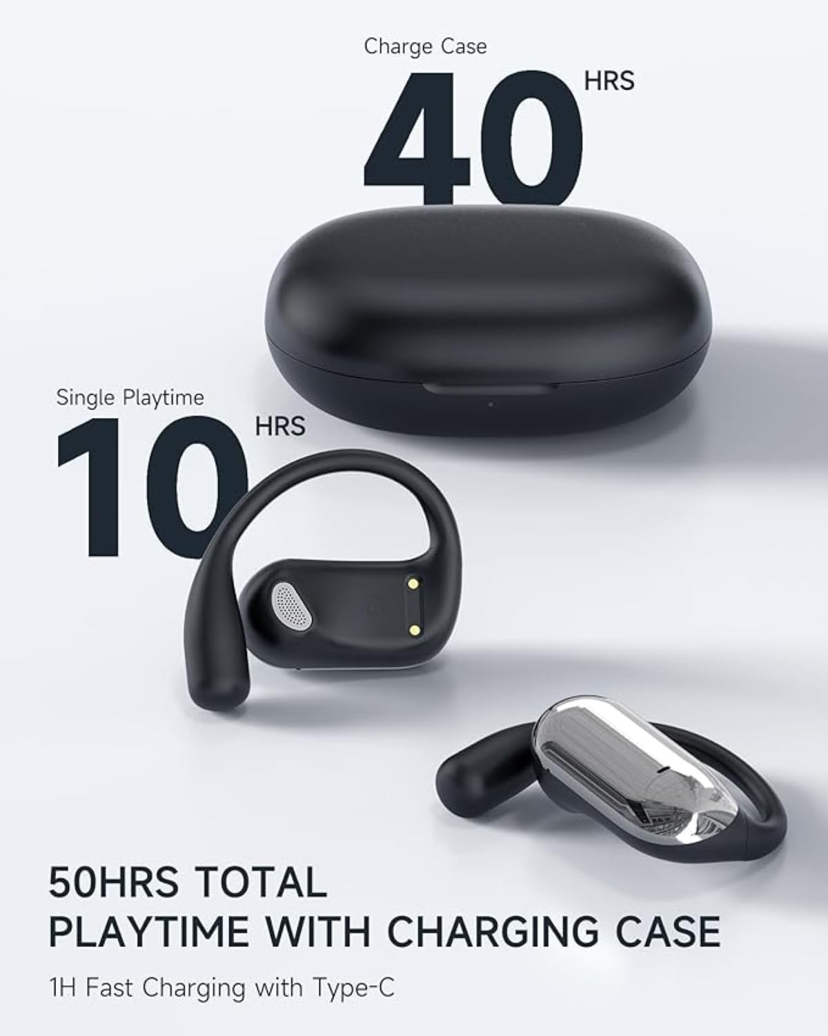 Auriculares inalámbricos con estuche de carga. Los auriculares son negros y tienen gancho. Texto sobre tiempo de juego.