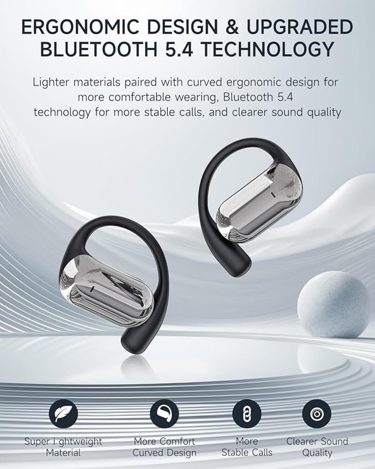 Auriculares con diseño curvo, sobre un fondo borroso. El texto dice 'diseño ergonómico' y 'Bluetooth 5.4'.