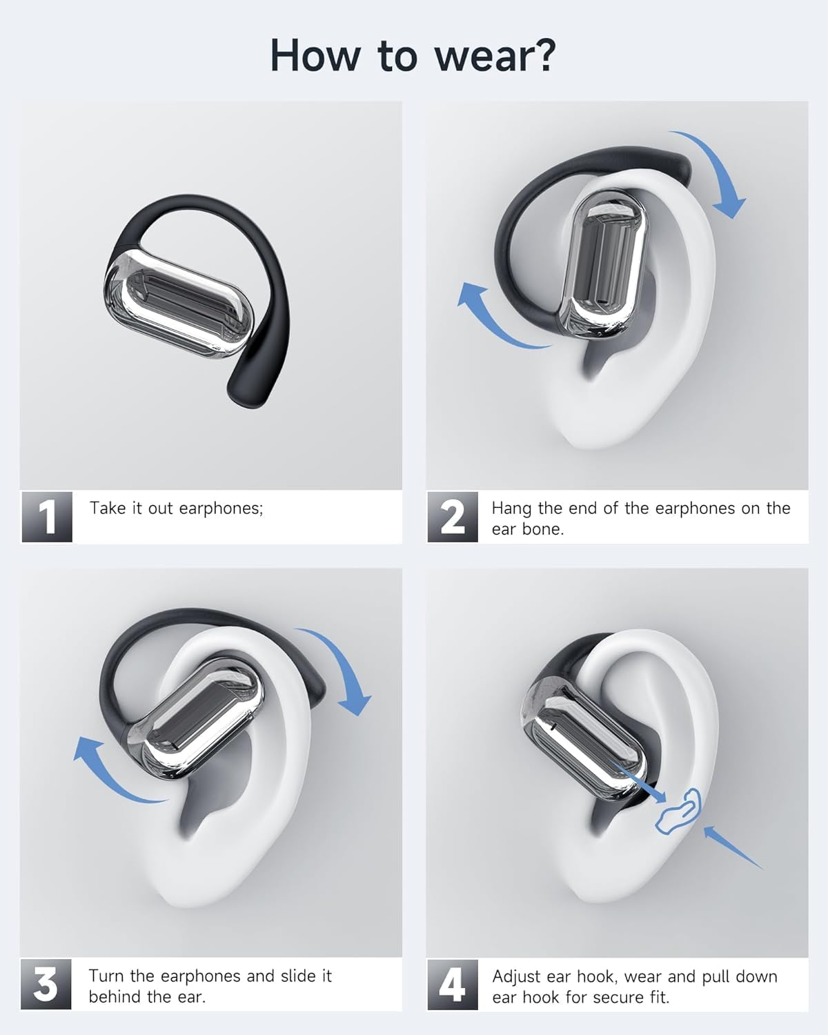 Instrucciones sobre cómo usar los auriculares. Muestra los pasos: 1. Sacar. 2. Colgar en la oreja. 3. Girar. 4. Ajustar.
