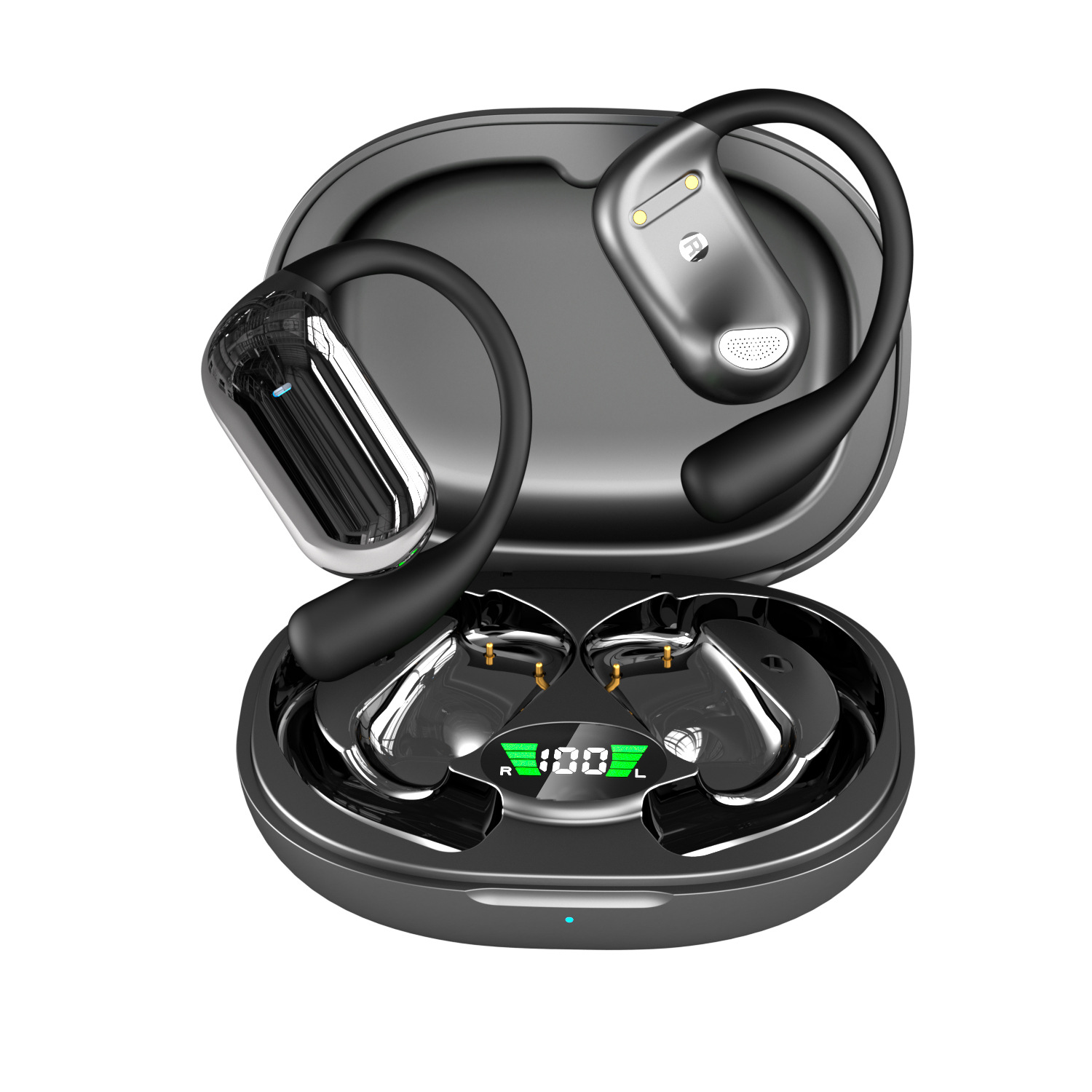 Auriculares inalámbricos negros en un estuche de carga, con una pantalla digital que muestra el nivel de batería.