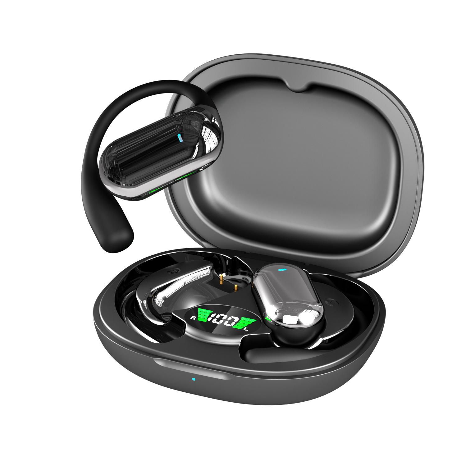 Auriculares inalámbricos negros y estuche de carga. Auriculares plateados y negros.
