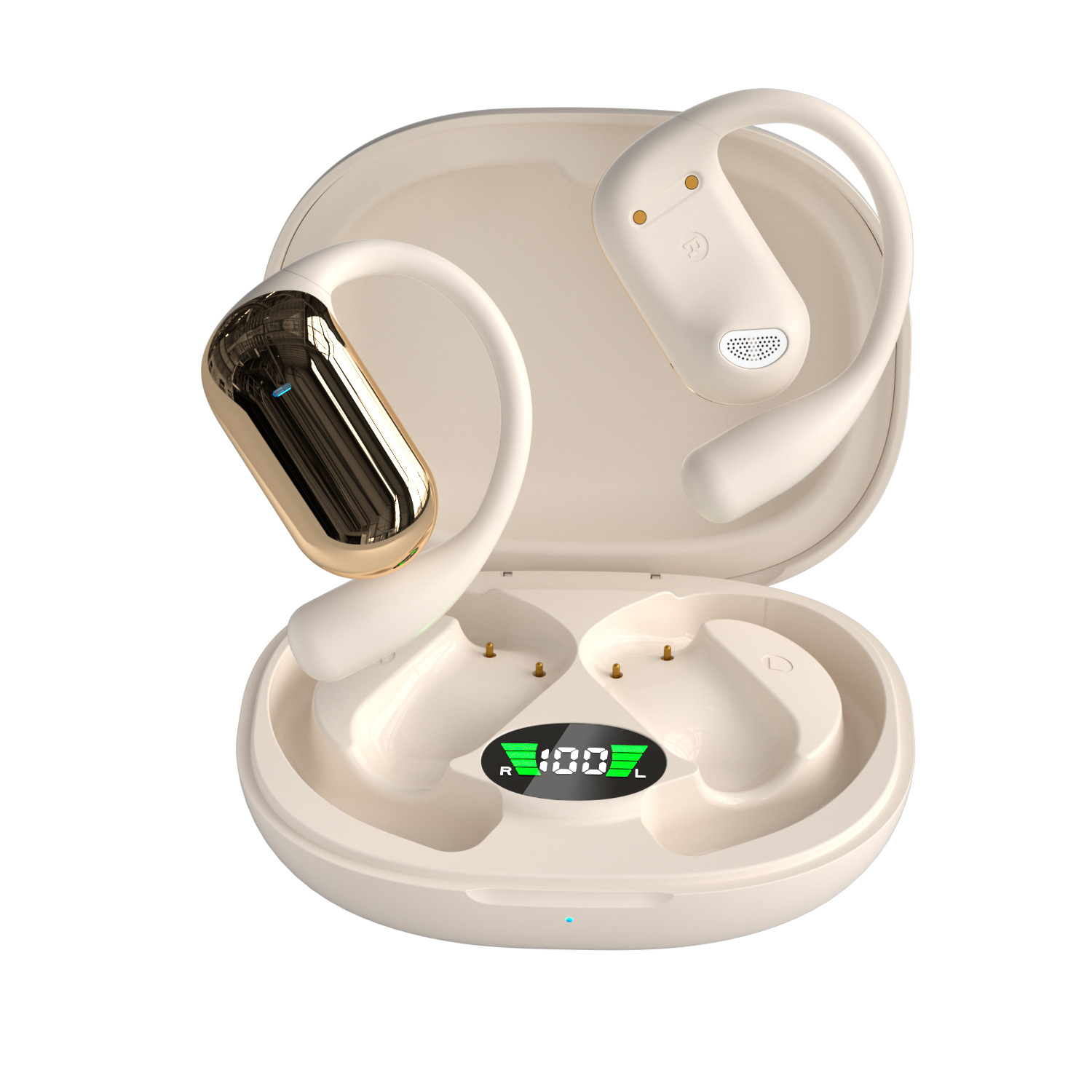 Auriculares con un estuche blanco. El estuche está abierto. Los auriculares son de color crema y tienen detalles dorados.