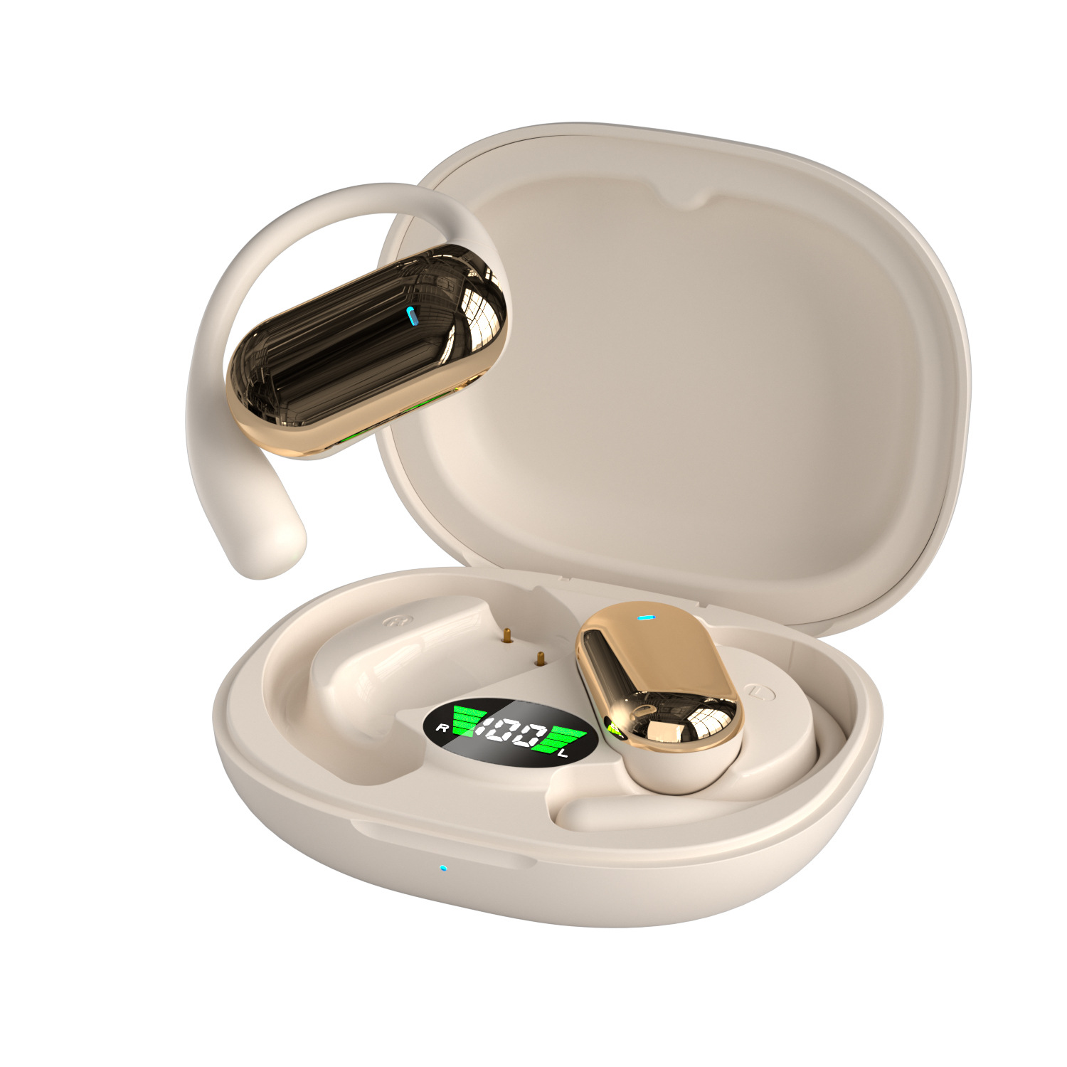 Auriculares en un estuche de carga. El estuche está abierto. Los auriculares y el estuche son beige con detalles dorados.