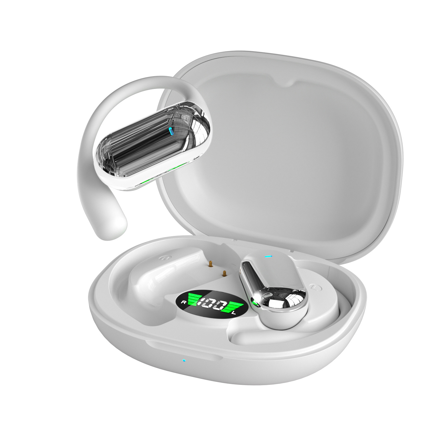Auriculares blancos, uno con punta plateada y gancho, en estuche abierto.