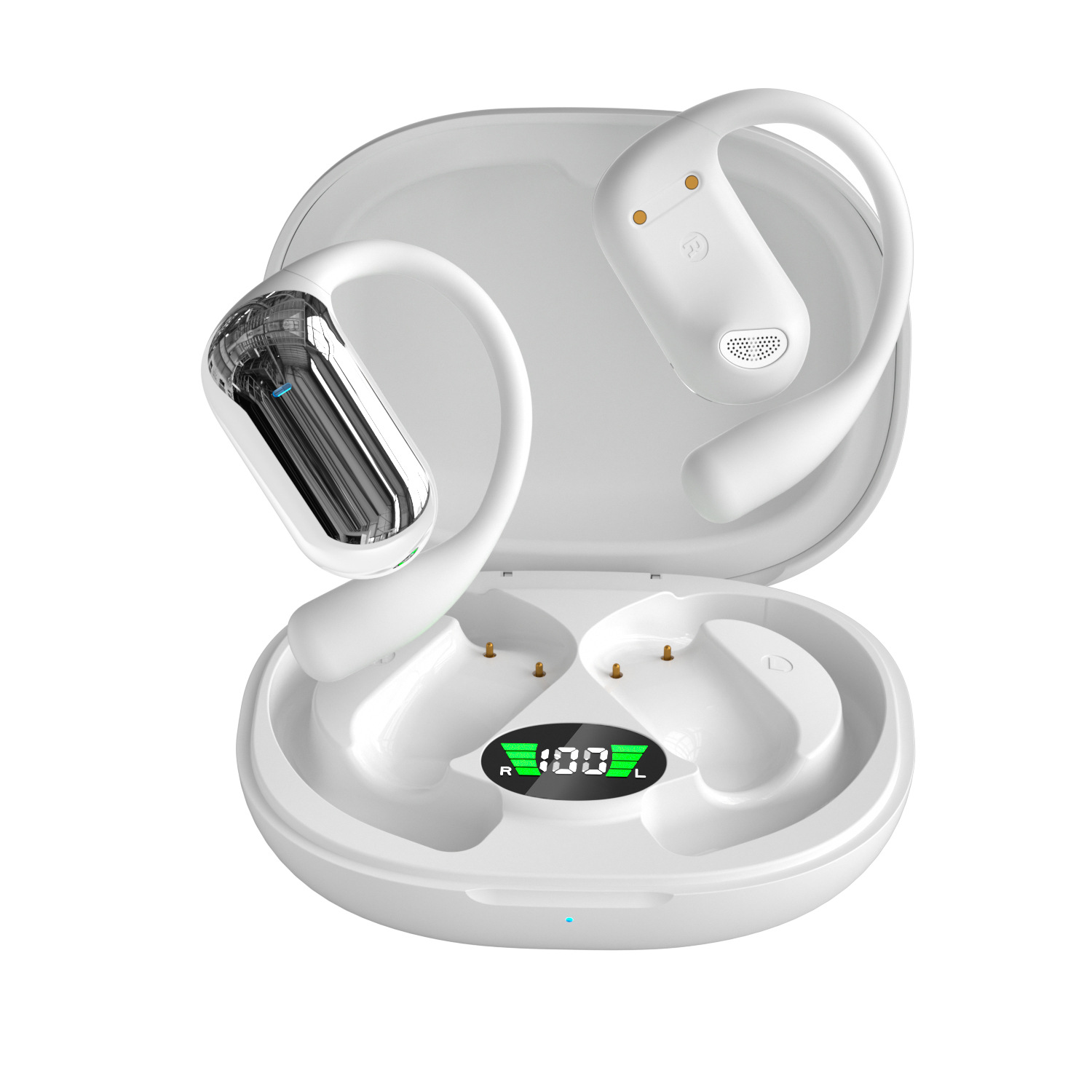Auriculares inalámbricos blancos con estuche de carga. Con ganchos para la oreja y pantalla en el estuche.