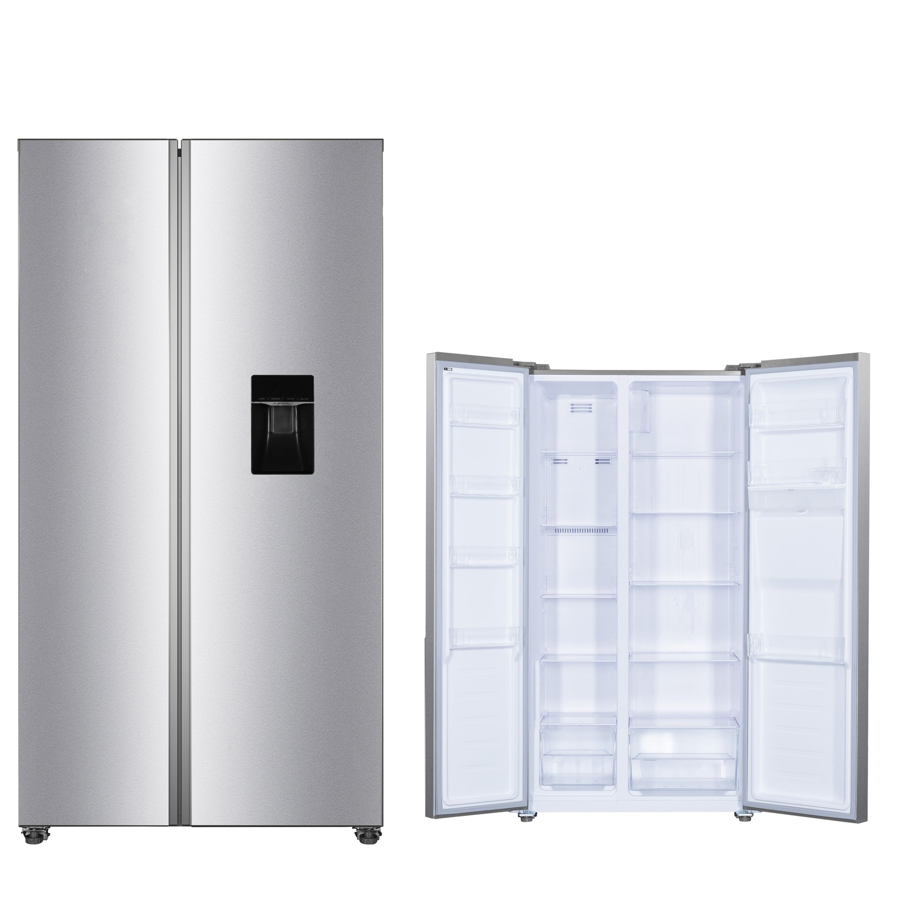 Edelstahlkühlschrank, Türen offen, zeigt Regale und Fächer.