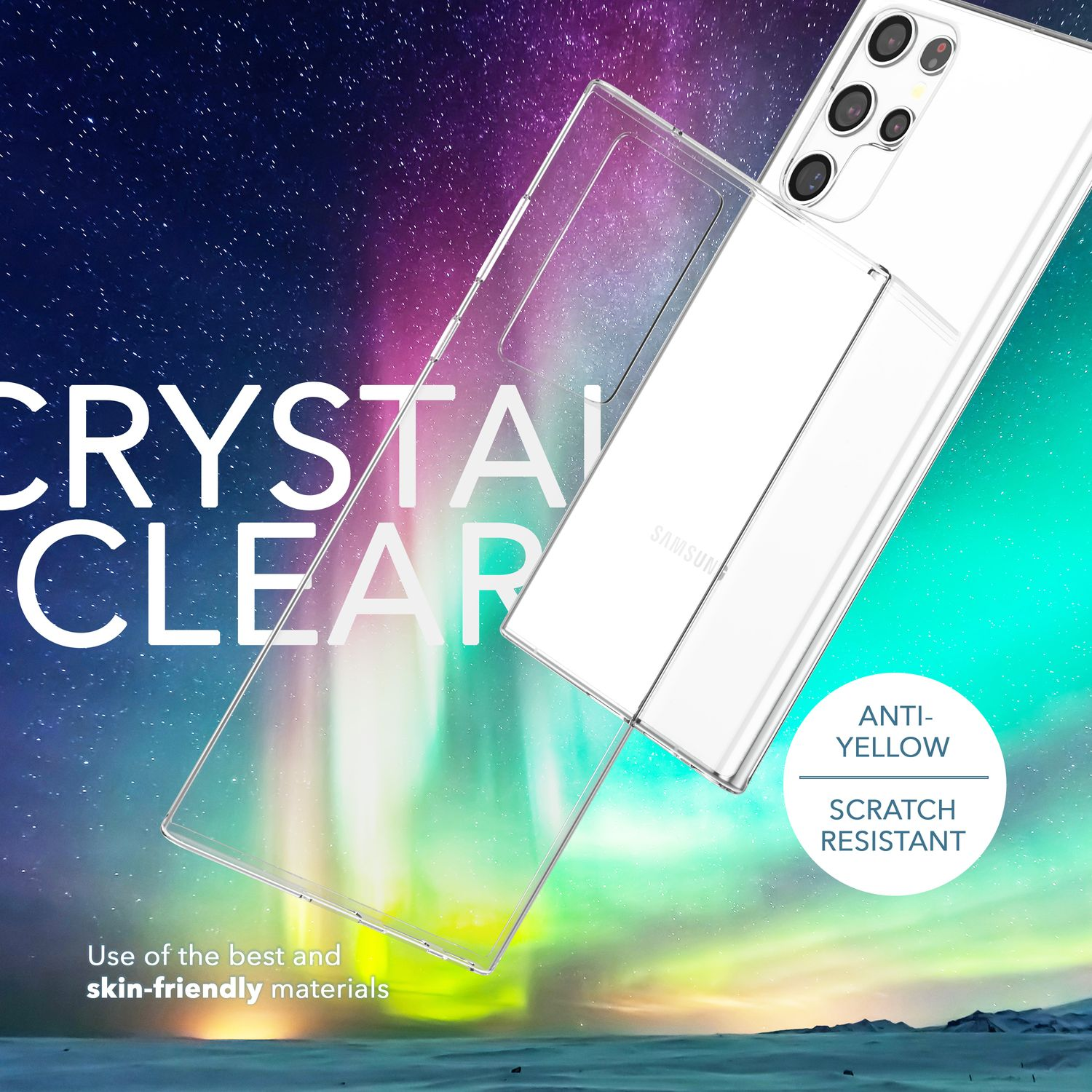 Transparente Handyhülle mit Telefon und Hintergrund. Text: 'Crystal Clear', 'Anti-Gelb', 'Kratzfest'.