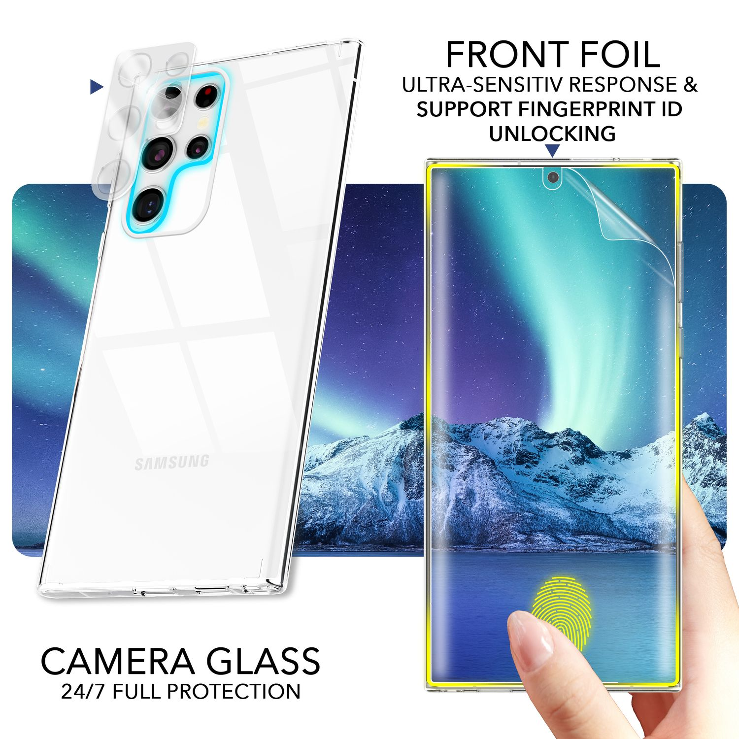 Ein Telefon und ein Displayschutz. Das Telefon befindet sich in einer transparenten Hülle mit blauem Ring um die Kamera.