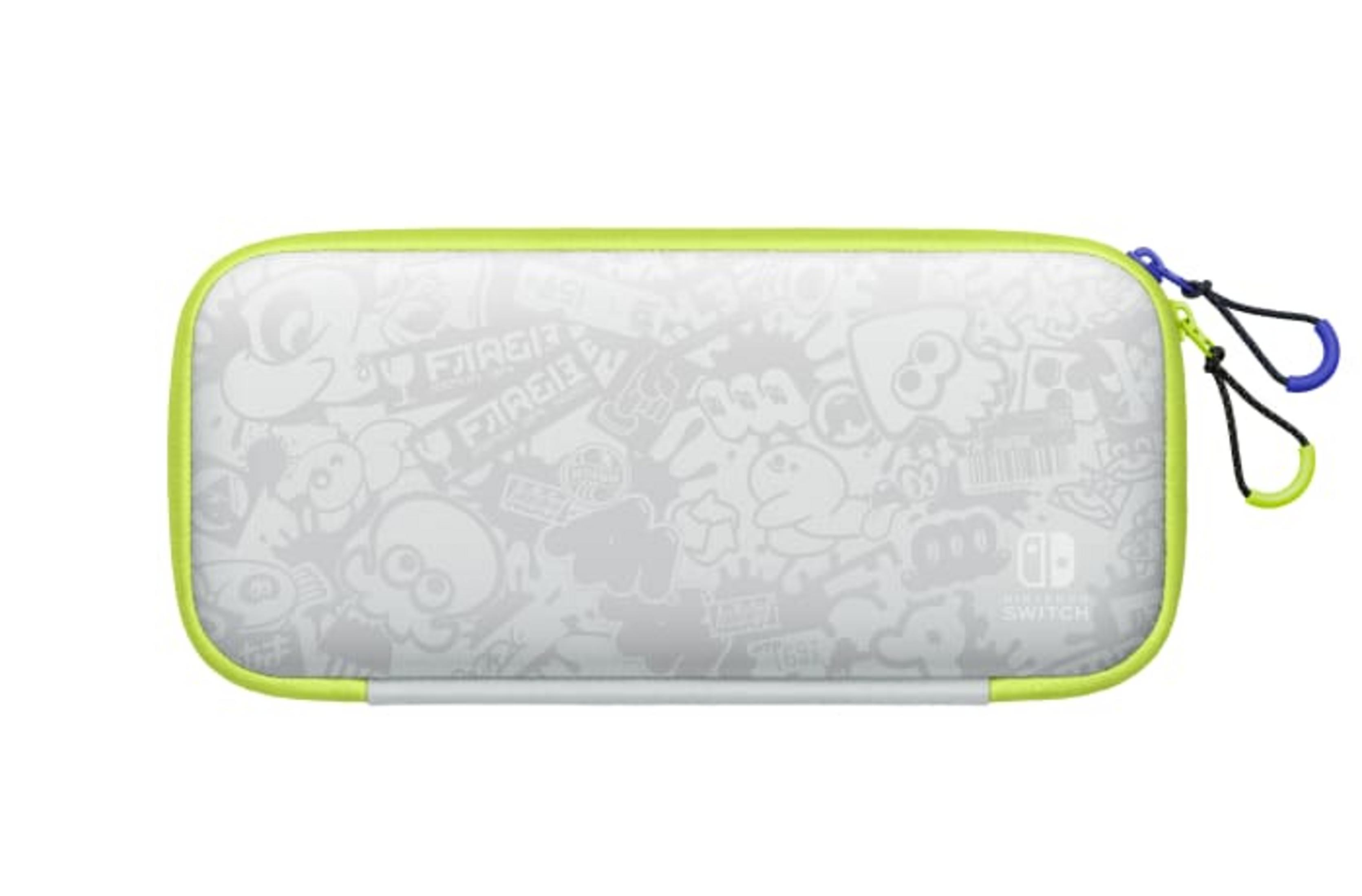 Funda Switch Lite, blanca con diseños estilo graffiti. Acentos verdes y azules.