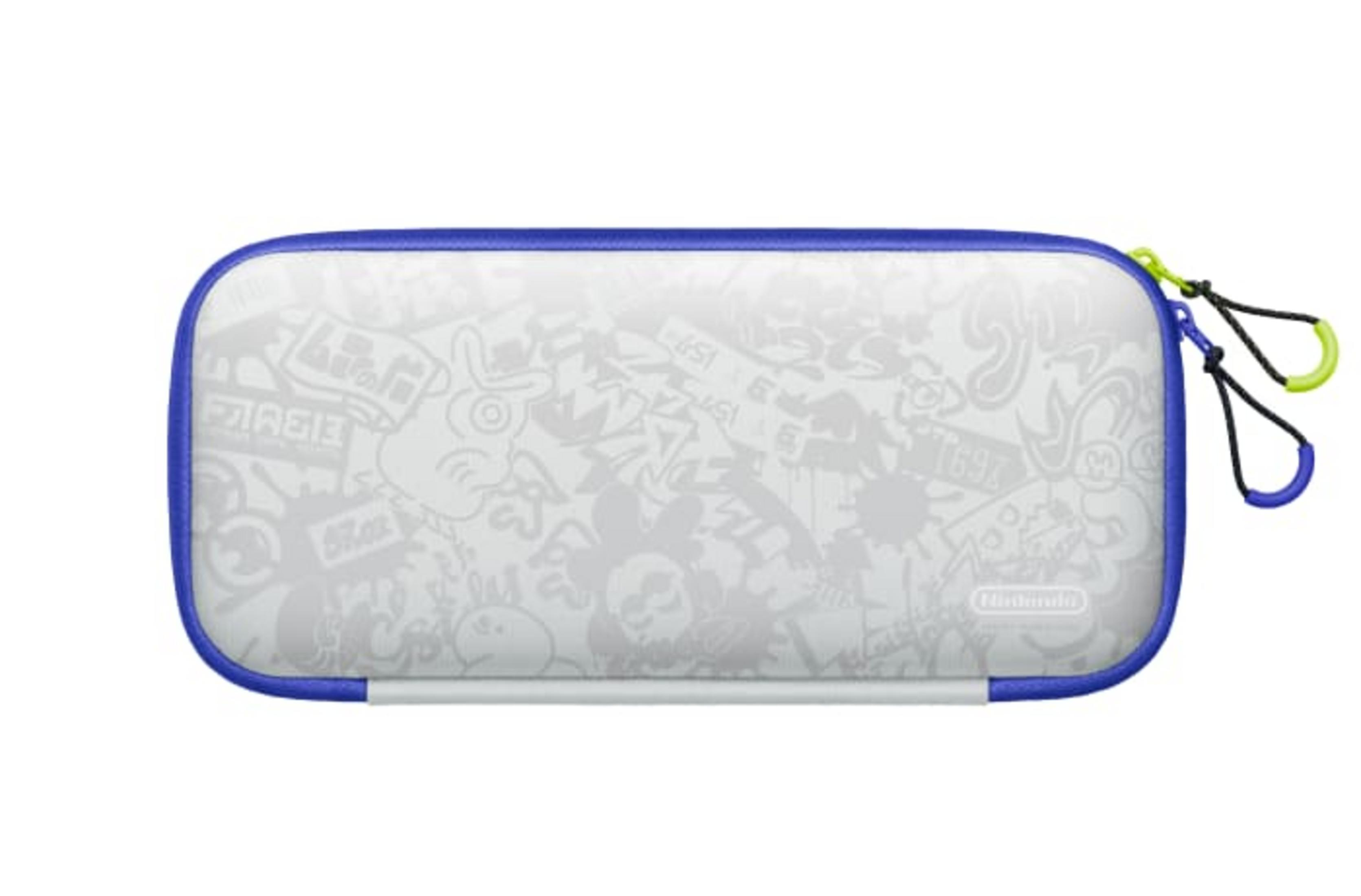 Una funda de Nintendo Switch, blanca con un borde azul y un diseño de salpicaduras grises y blancas.
