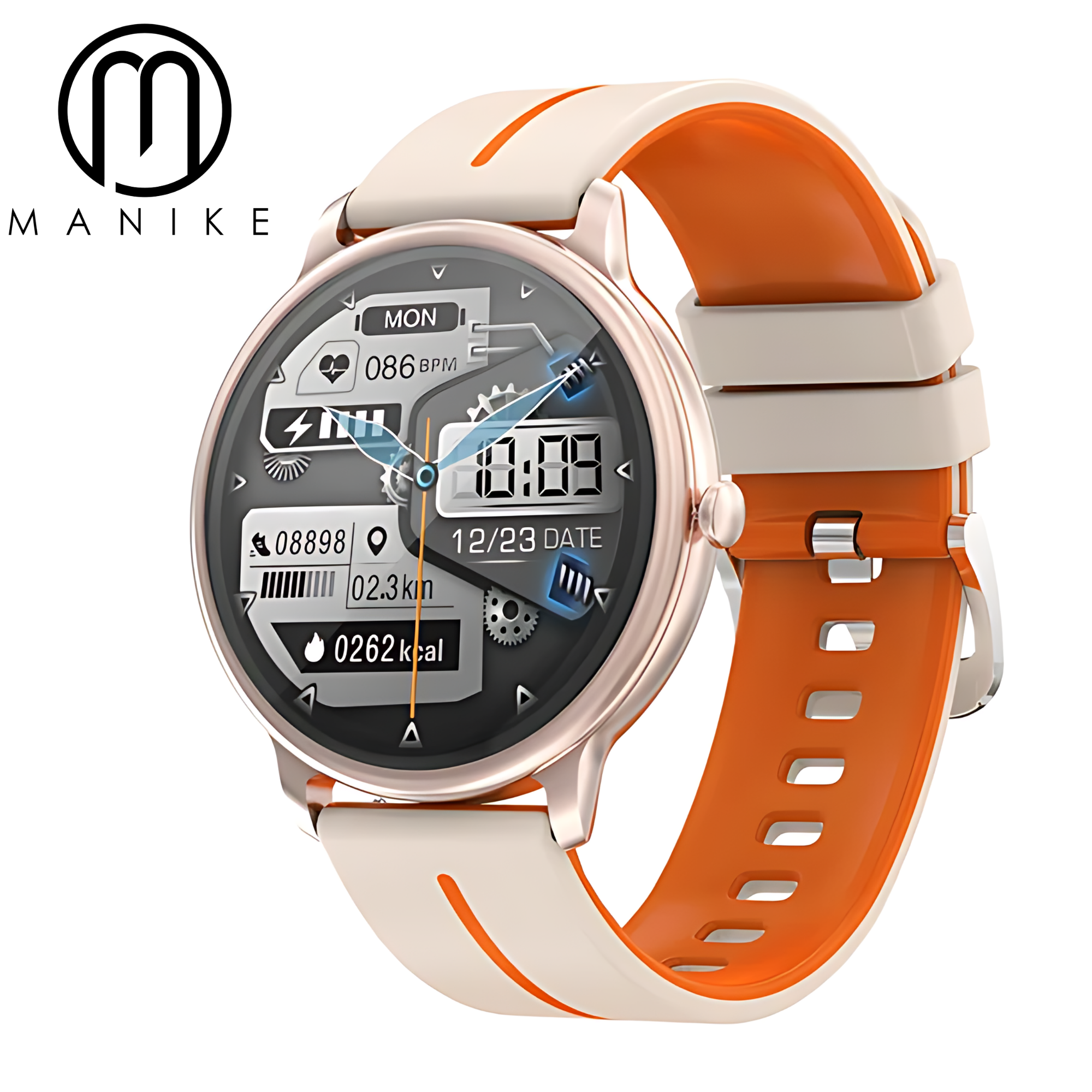 Smartwatch z pomarańczowym i białym paskiem. Wyświetlacz pokazuje czas, datę i wskaźniki zdrowia. Obudowa w kolorze różowego złota.