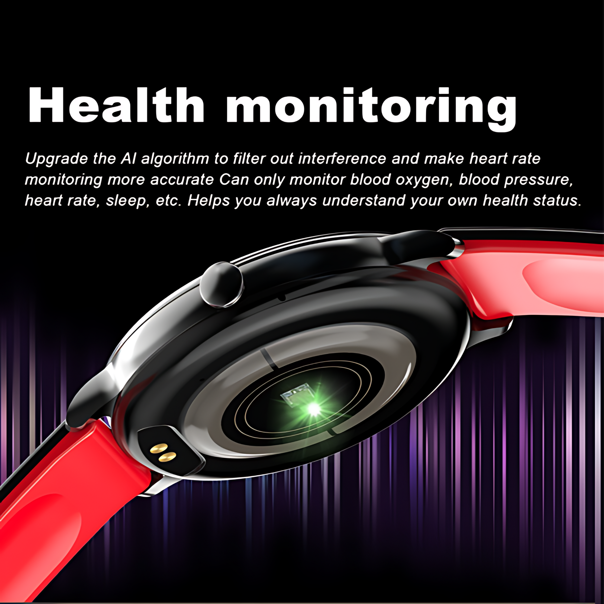 Wyświetlany jest czarny smartwatch z czerwonym paskiem, podkreślający funkcje monitorowania stanu zdrowia.