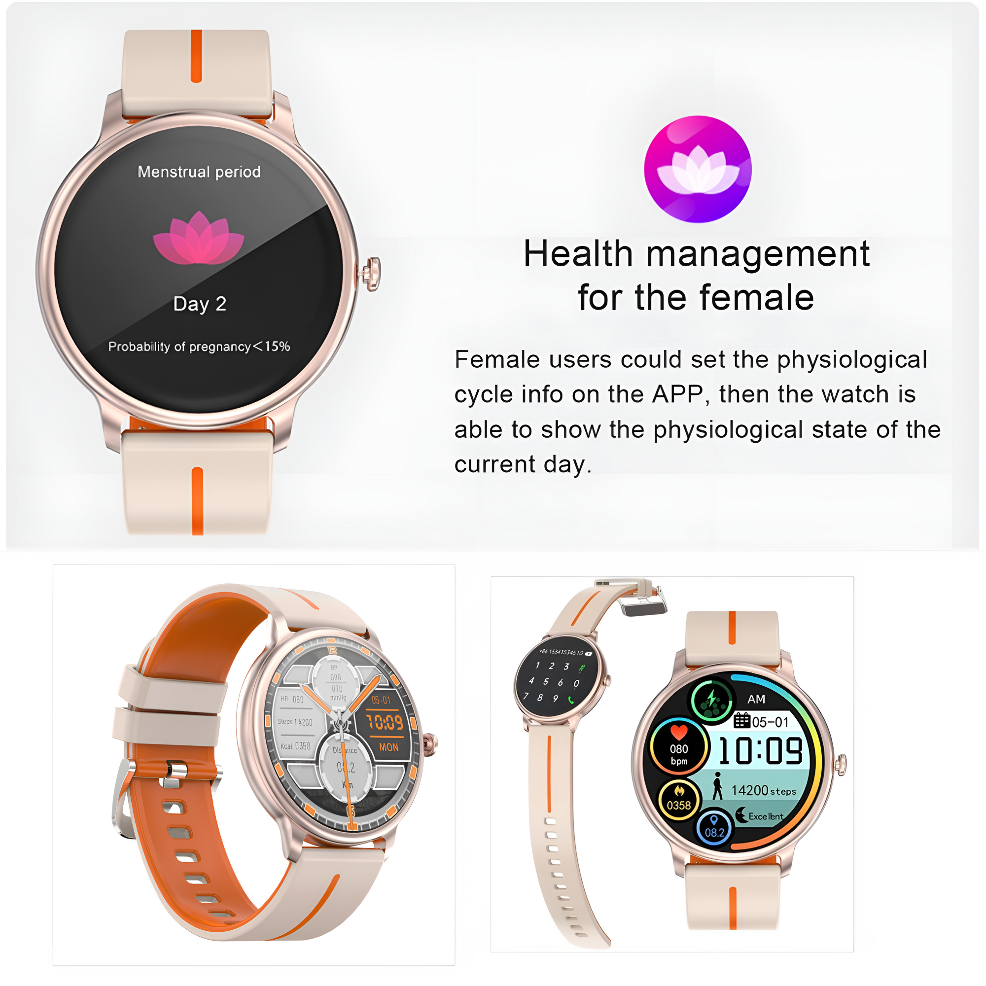 Wyświetlacze smartwatcha, jeden pokazujący dane cyklu menstruacyjnego i dwa z detalami zegarka.