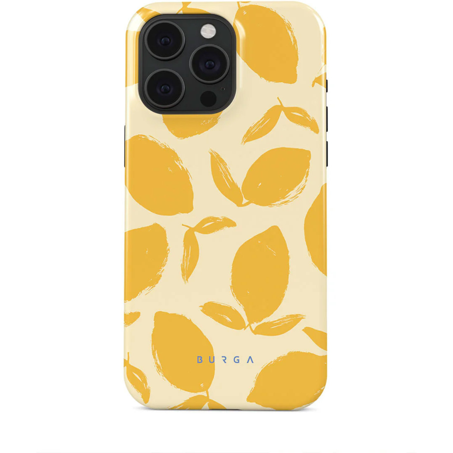 Coque de téléphone avec motif de citrons jaunes. Les citrons sont stylisés sur un fond clair.