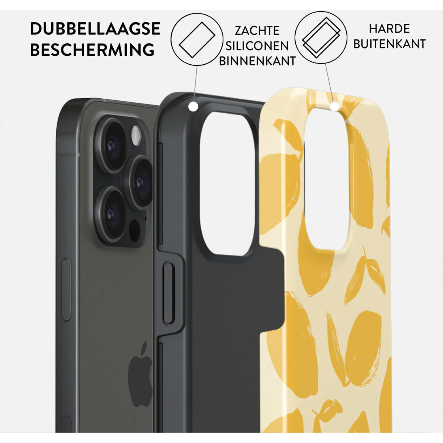 Une coque de téléphone avec trois couches : un téléphone, un cadre noir et une coque jaune à motifs.