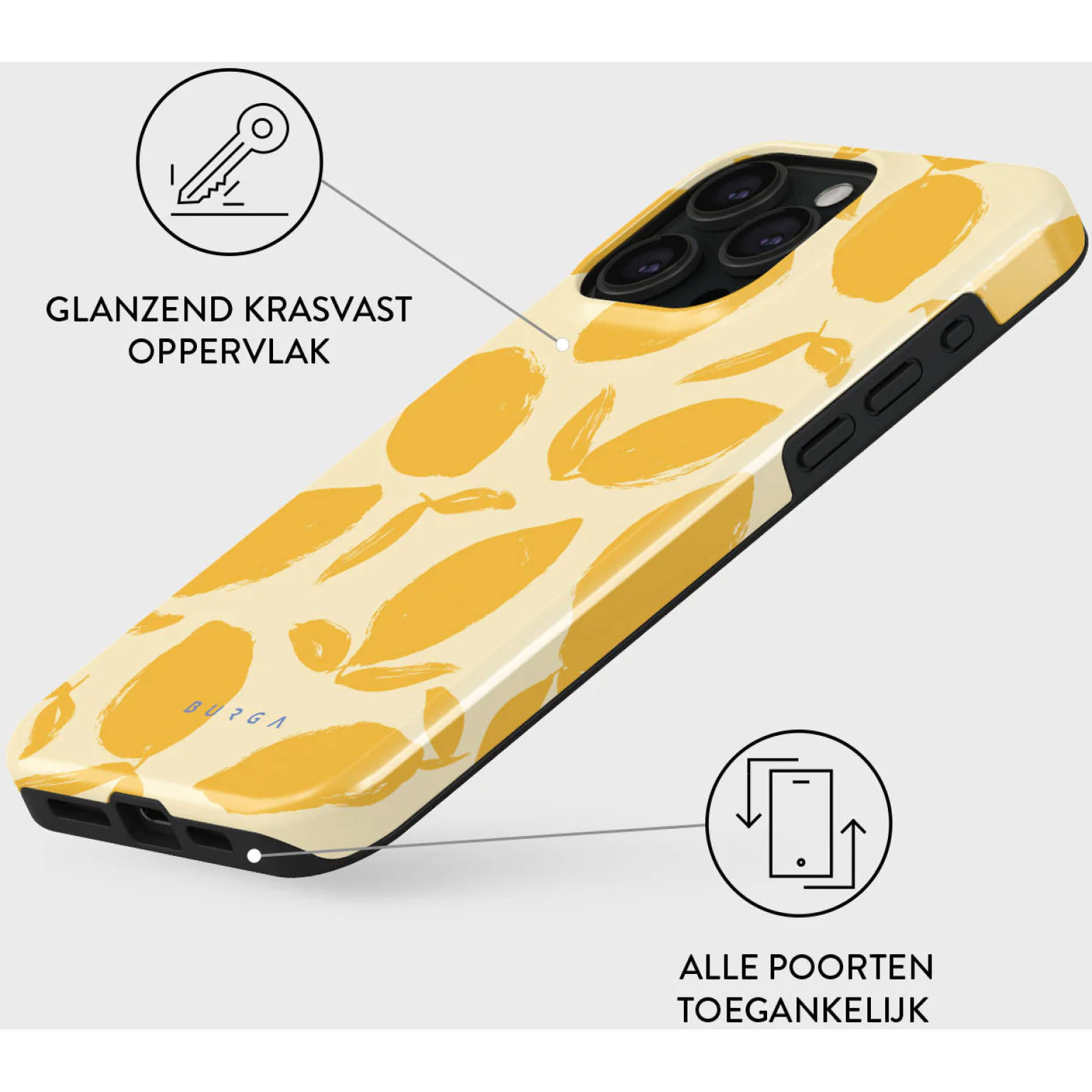 Coque de téléphone avec un design abstrait jaune. Avec du texte indiquant la résistance aux rayures et l'accès aux ports.