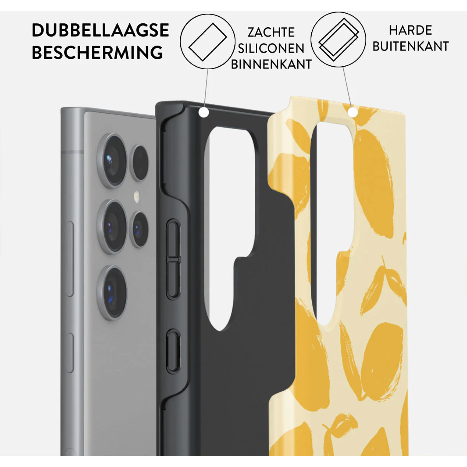 Custodia per telefono con telefono, strato interno in silicone morbido, strato esterno rigido, design giallo.