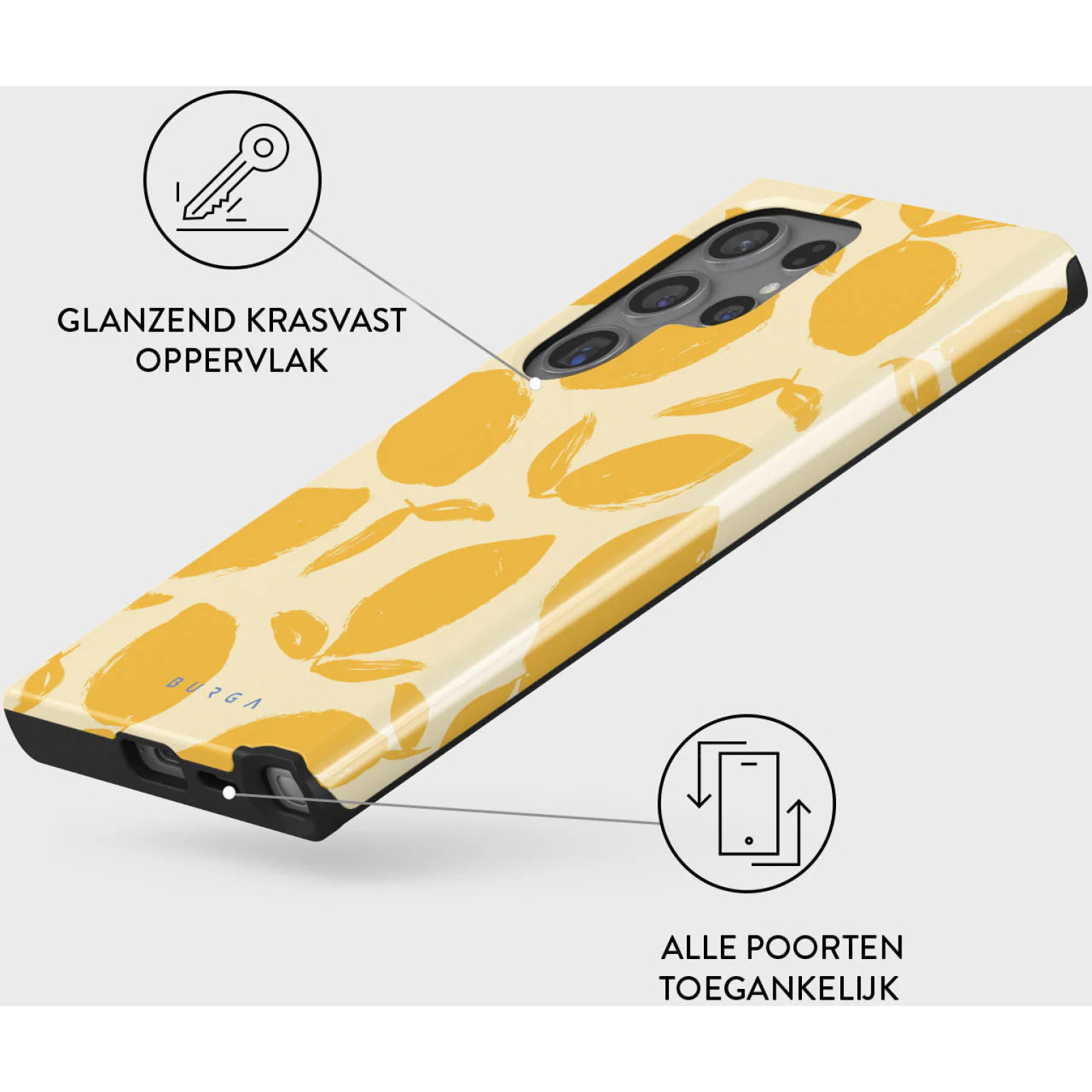 Una custodia per telefono con un motivo giallo astratto. Il testo menziona una superficie lucida e antigraffio.