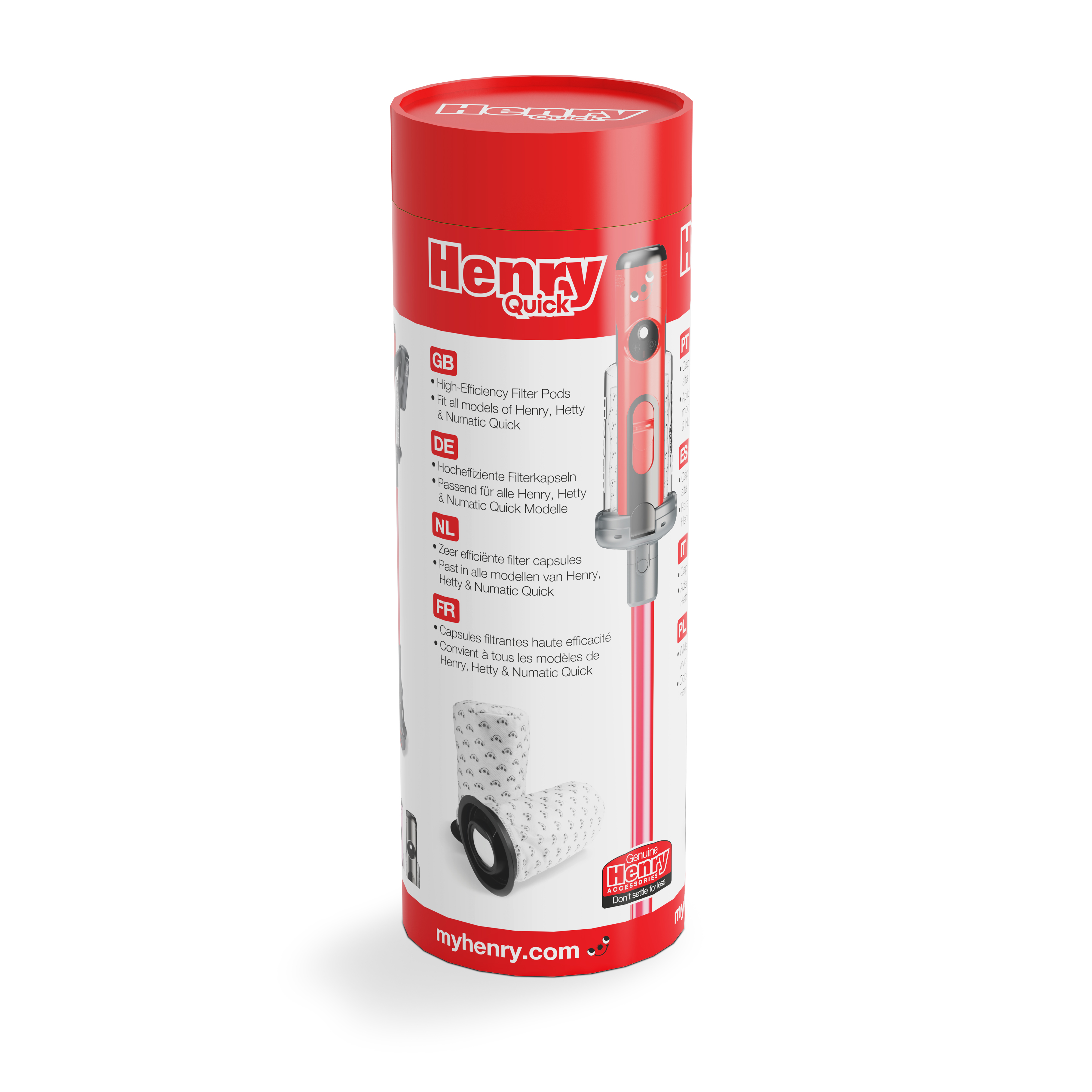 Rote zylindrische Box mit Filterkapseln. Hat das Henry Quick Logo und Text in mehreren Sprachen. Weißer Hintergrund.