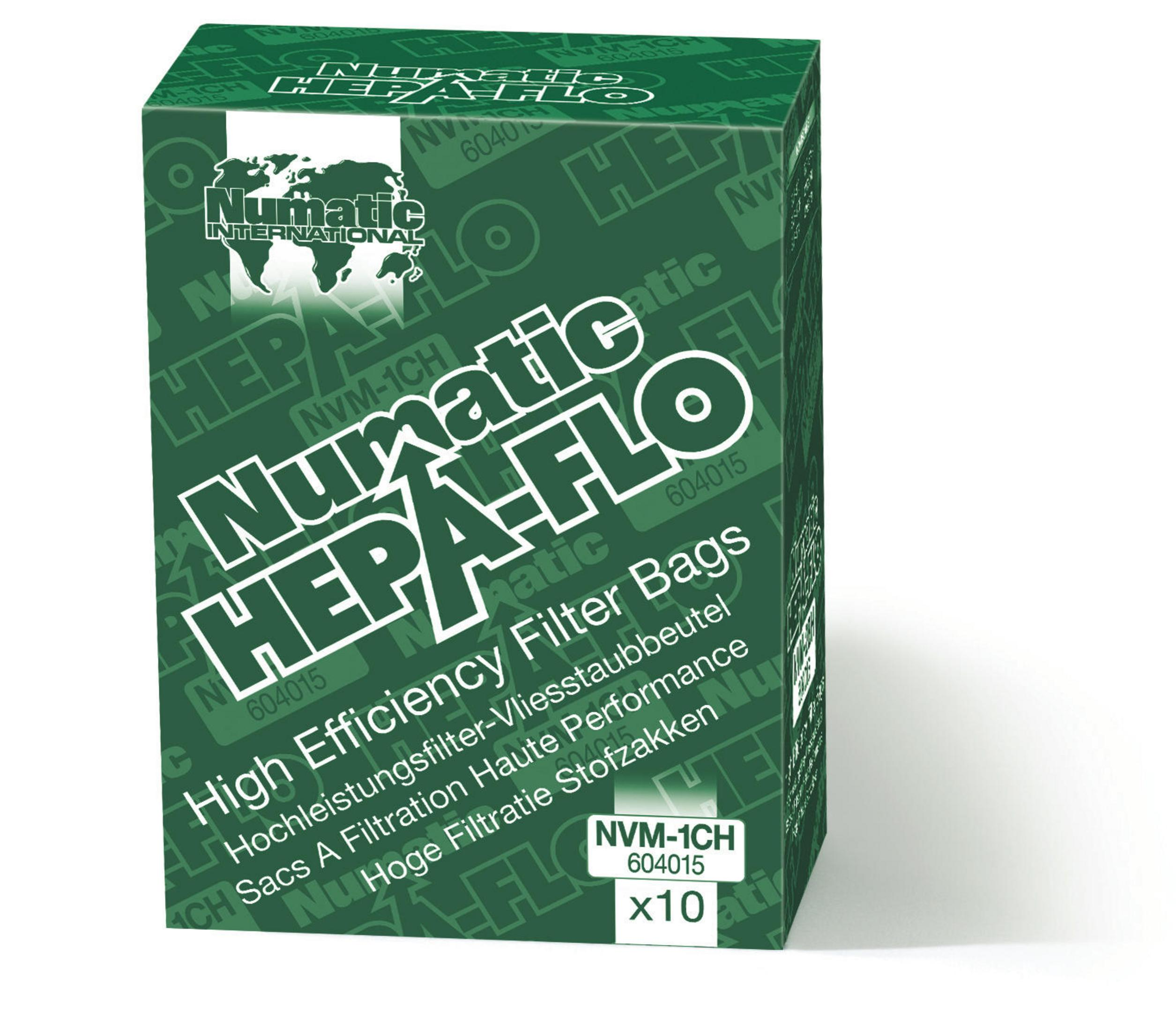 Eine Schachtel mit Numatic HEPA-FLO Filterbeuteln, mit Text und Logos, vor weißem Hintergrund.