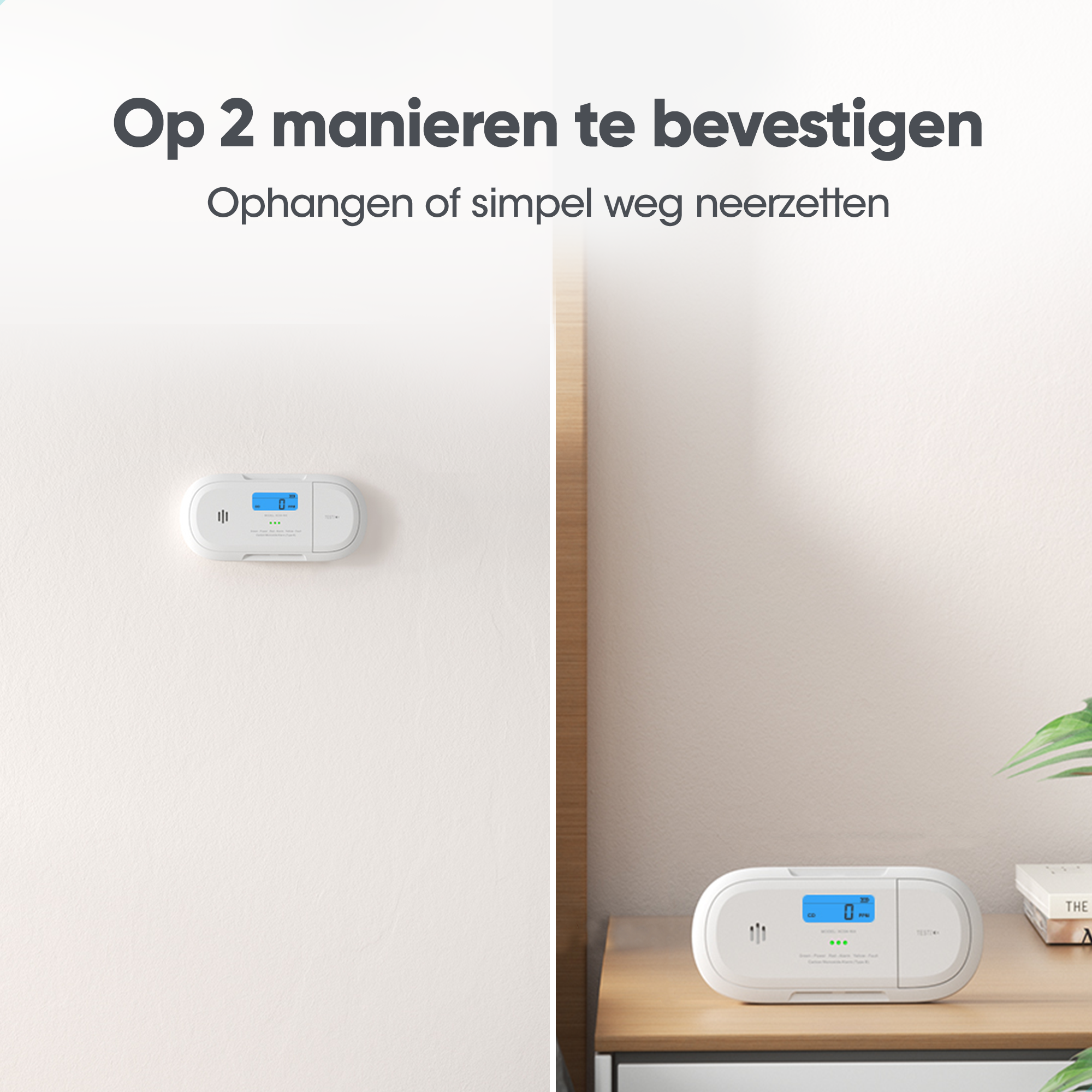 Zwei weiße CO-Detektoren, einer an der Wand und einer auf einem Tisch. Beide haben eine Digitalanzeige.