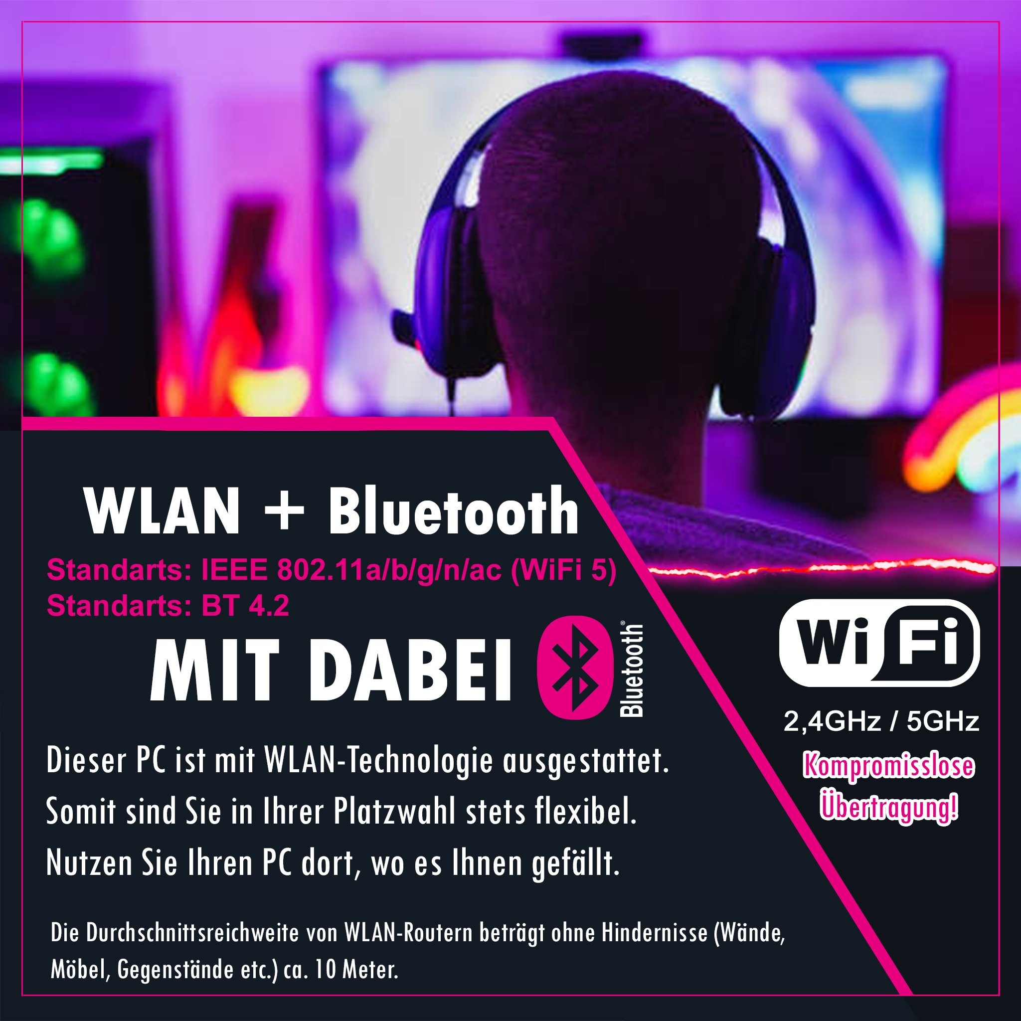 Person verwendet Computer mit WLAN- und Bluetooth-Funktionen. Der Bildschirm zeigt ein WLAN-Symbol.
