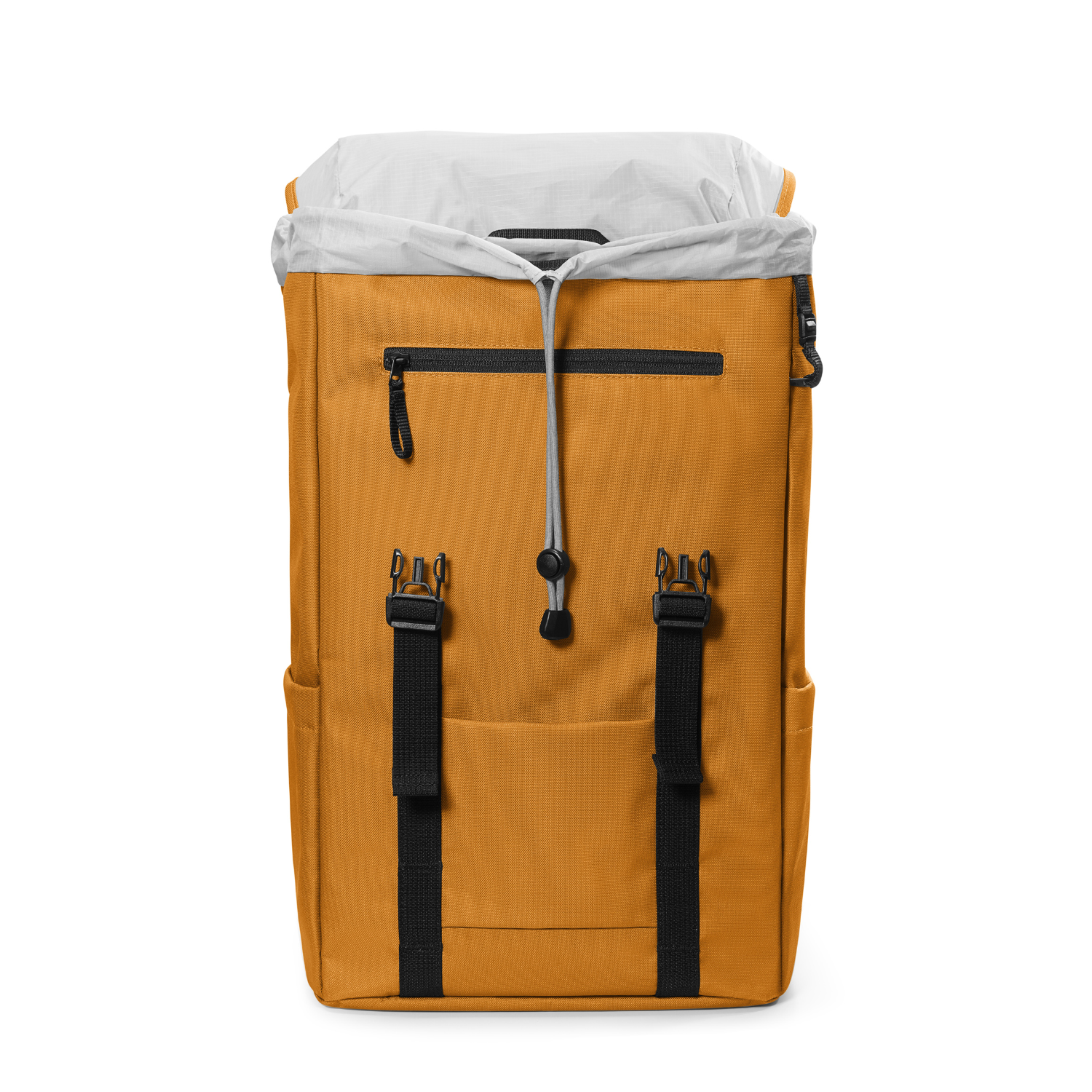 Een oranje rugzak met zwarte banden en gespen, open om een wit interieur te onthullen.