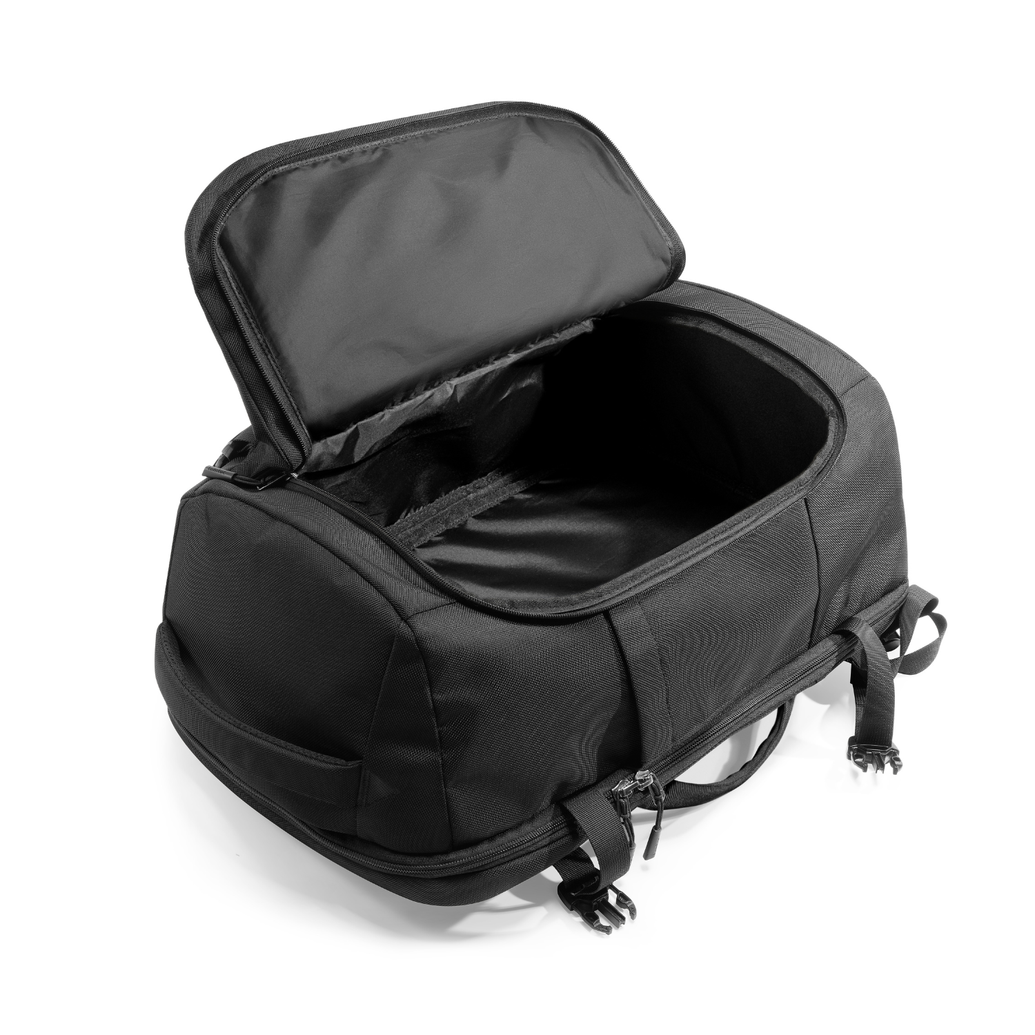 Otwarta czarna torba podróżna pokazująca wnętrze i uchwyty.
