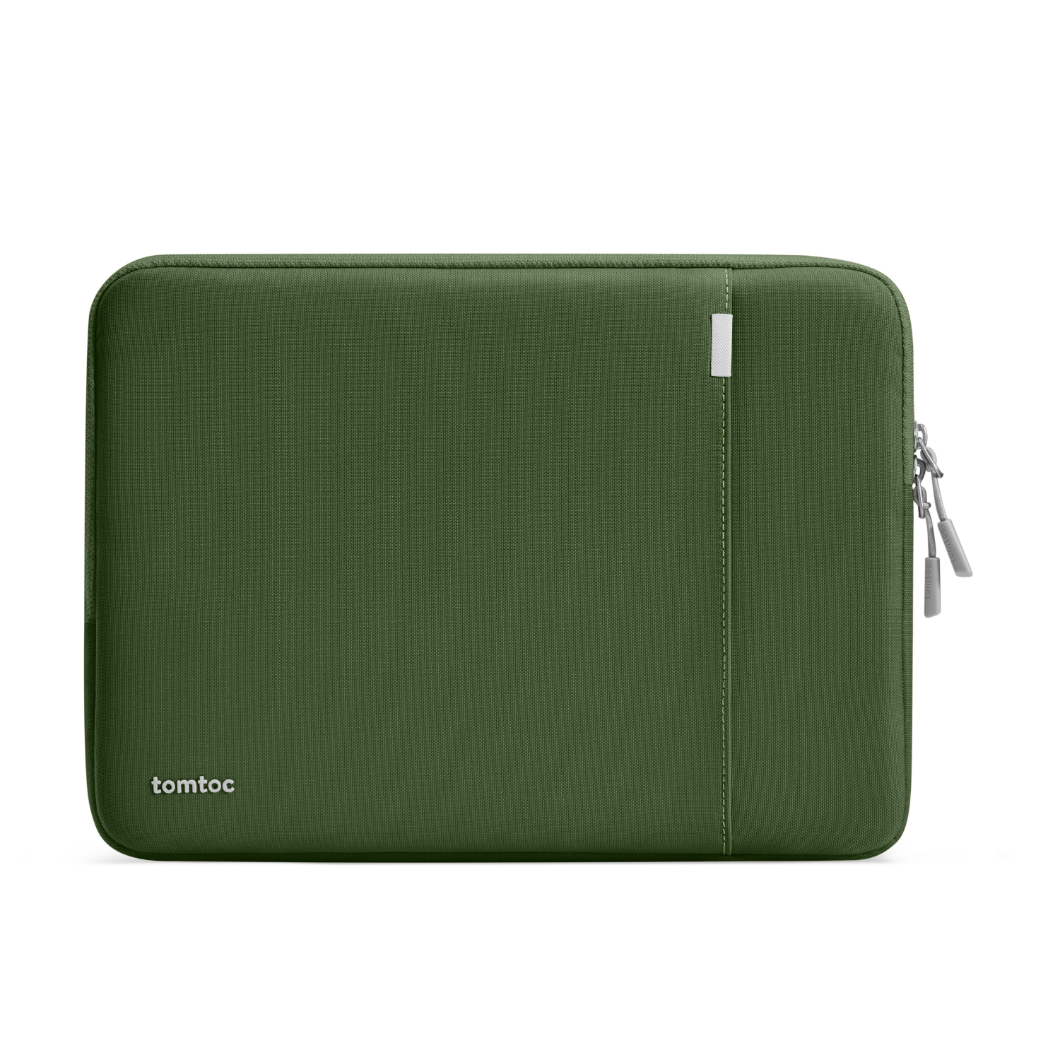 Oliwkowo-zielona torba na laptopa ze srebrnym zamkiem błyskawicznym, na białym tle.