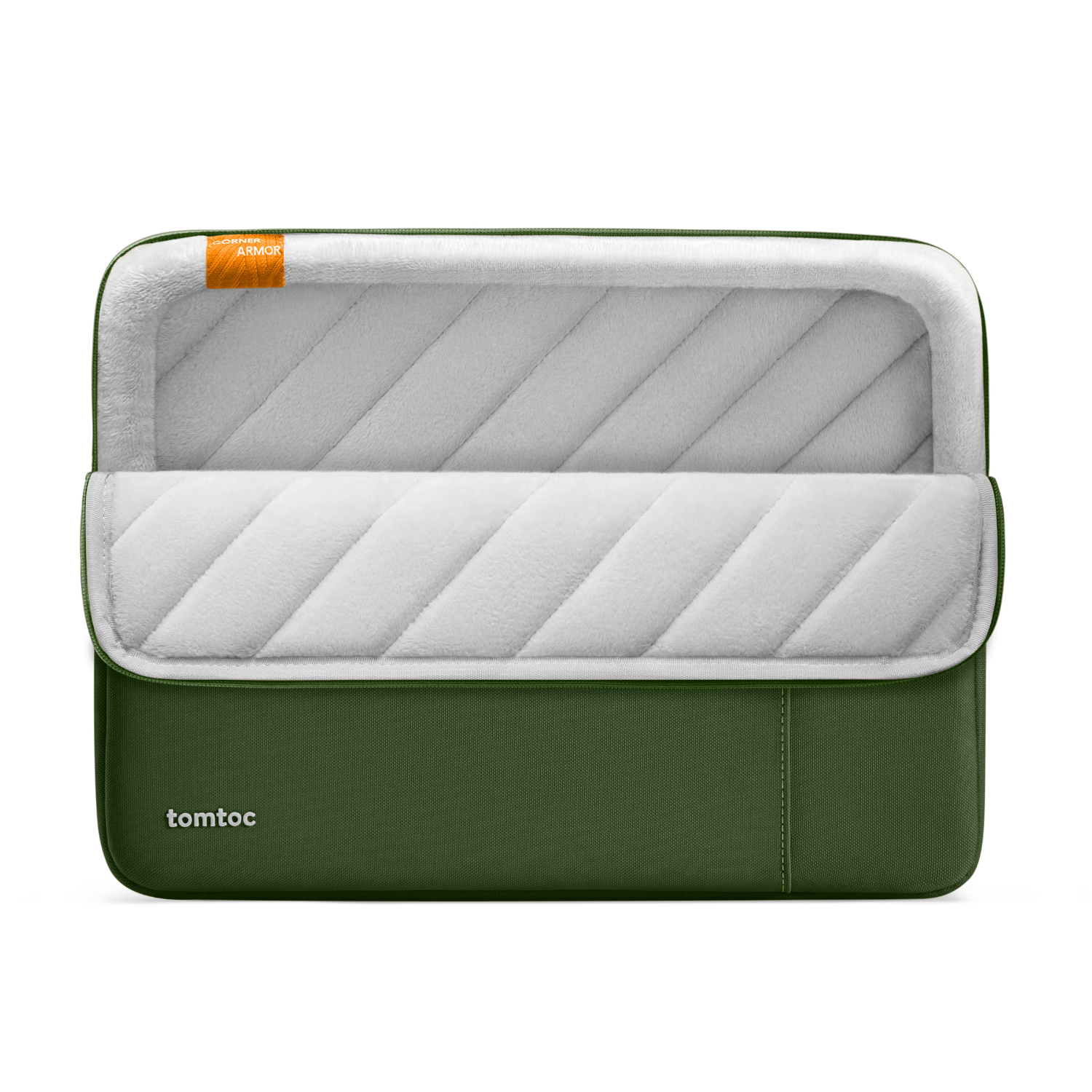 Zielona i biała torba na laptopa, otwarta.