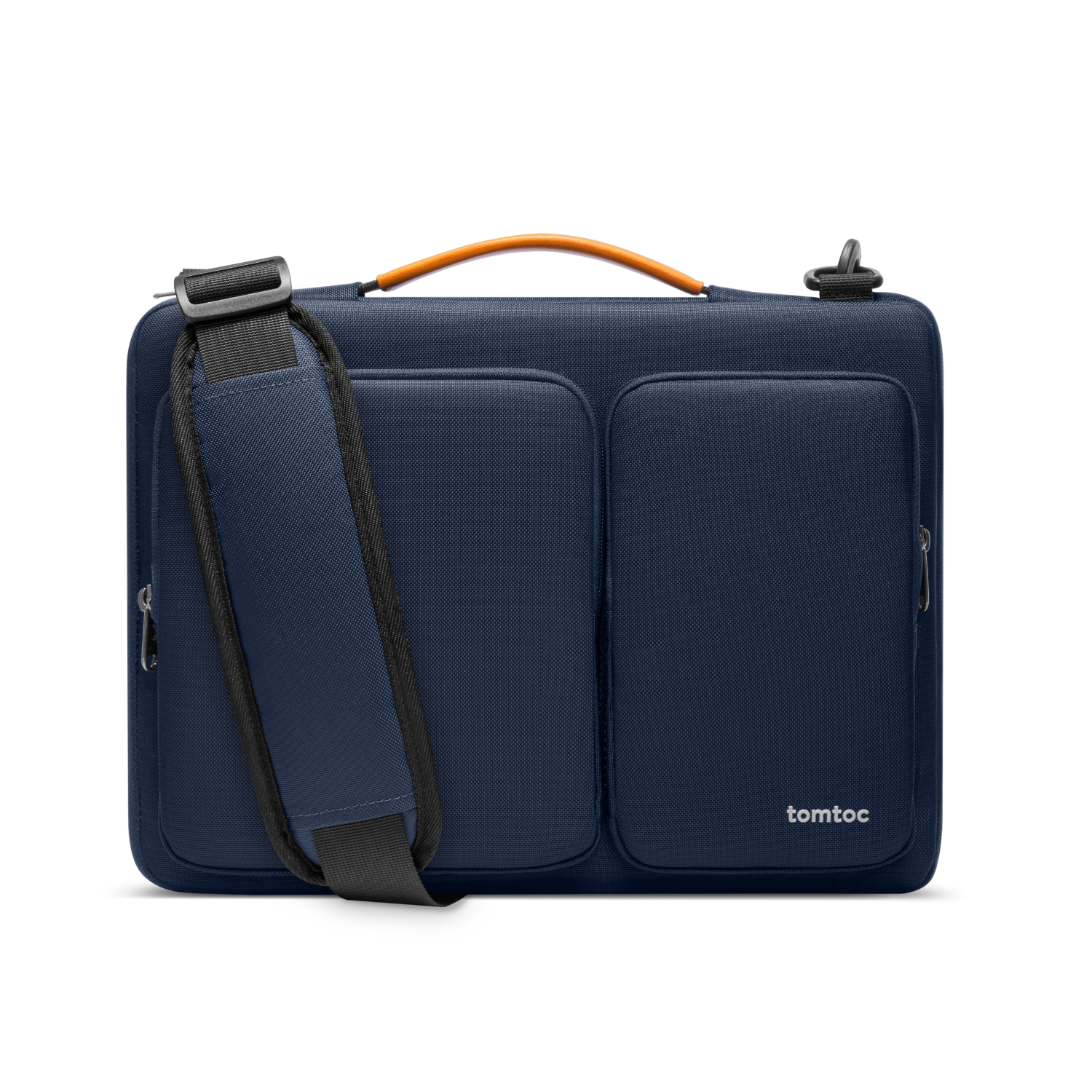 Borsa blu per laptop con due tasche frontali e manico. Ha una tracolla.