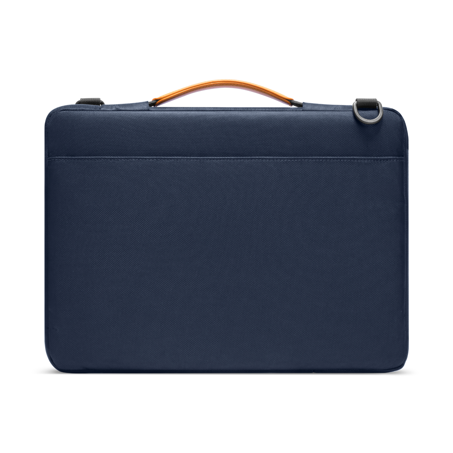 Una borsa blu navy per laptop con manico marrone e anello in metallo argentato.