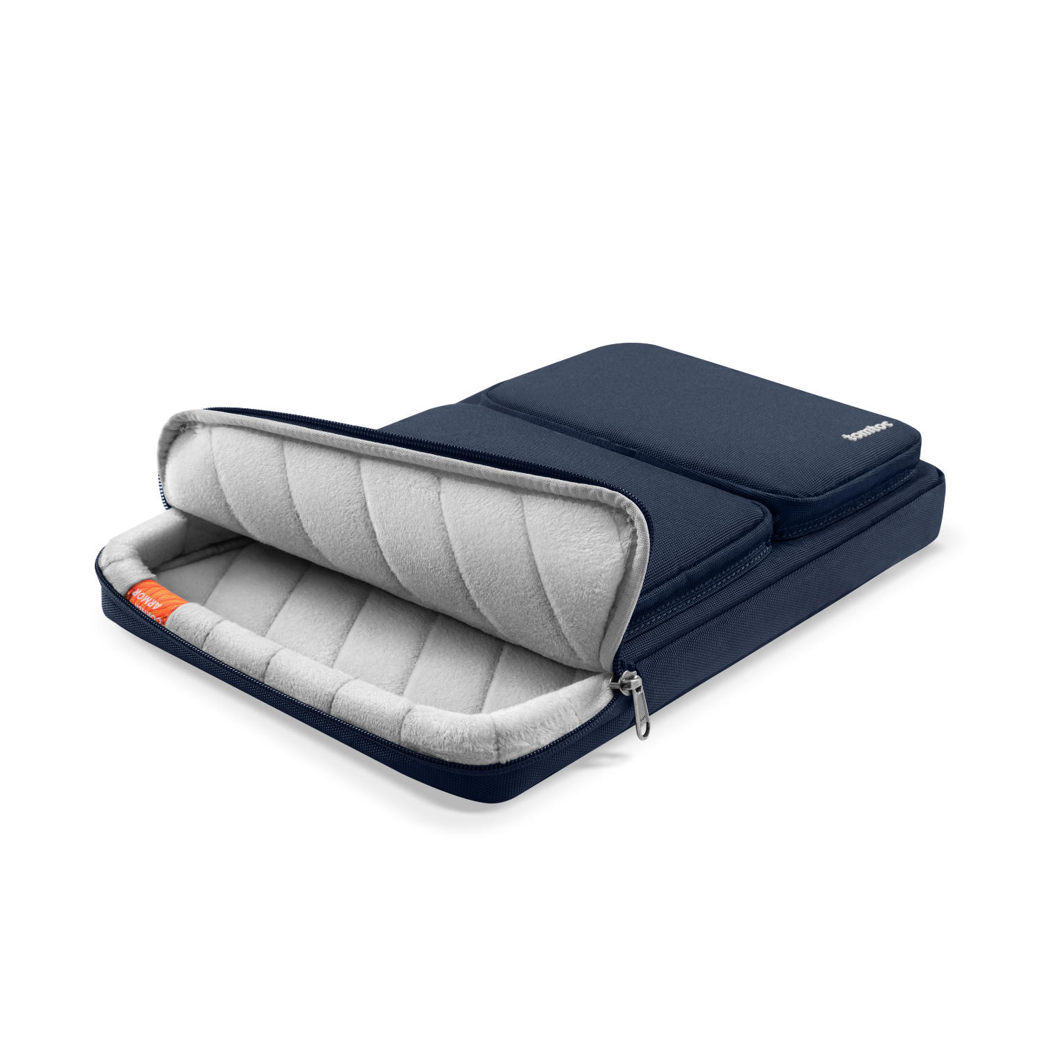 Una custodia blu navy per laptop, aperta per rivelare un interno bianco trapuntato con cerniera e marchio.