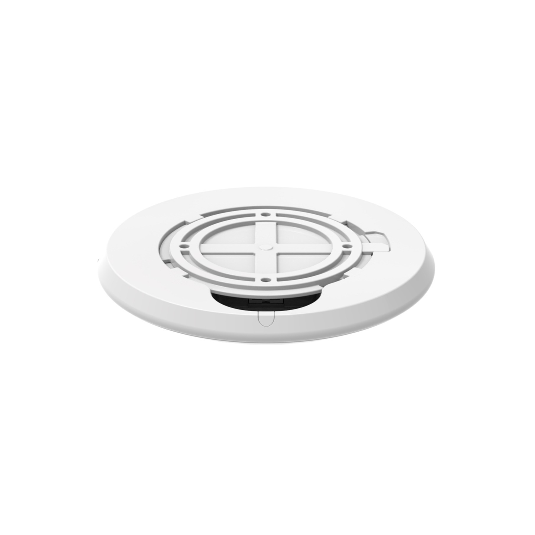 Biały okrągły obiekt. Ma kształt krzyża w środku z ciemnym otworem.