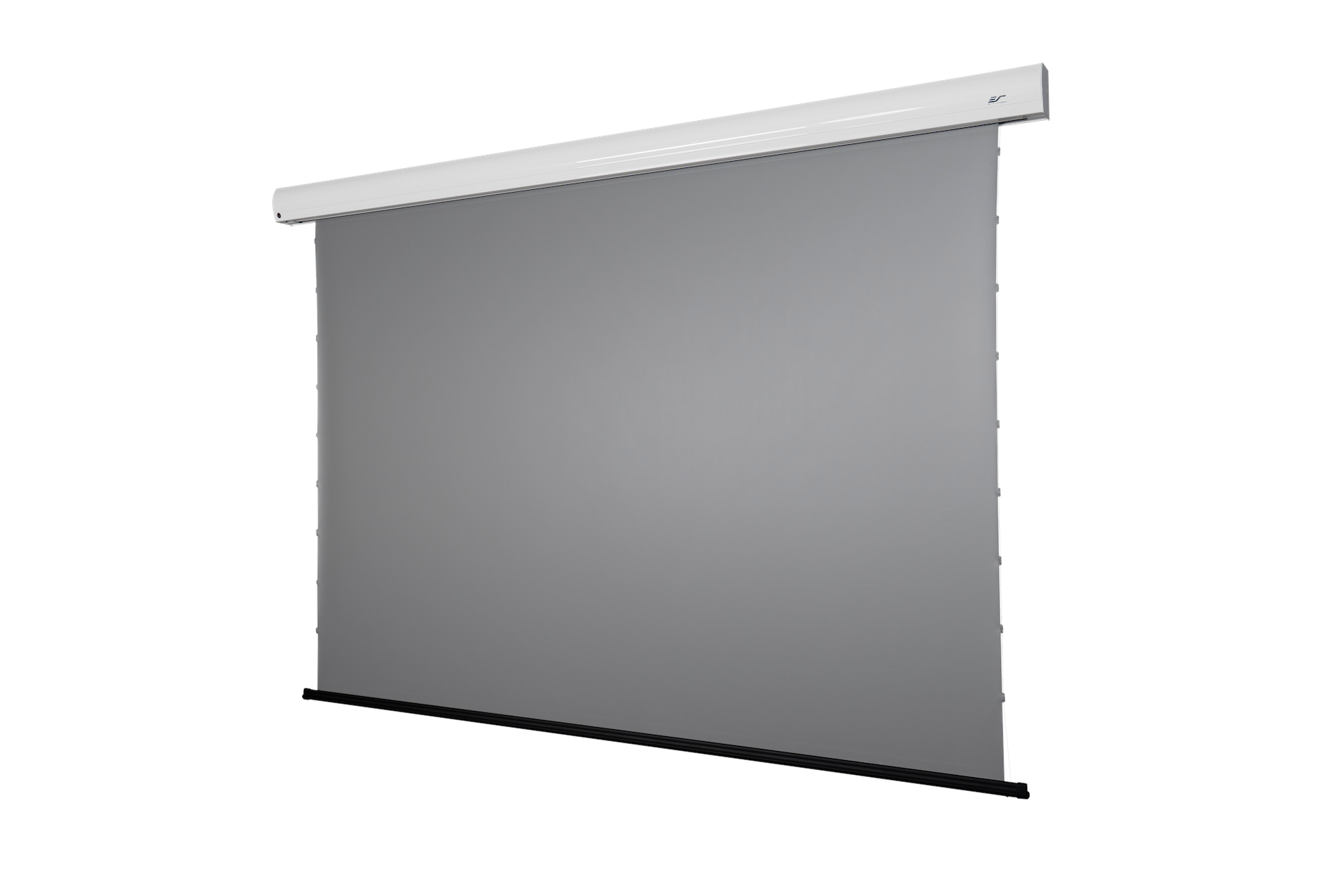 Graue Projektorleinwand, heruntergerollt. Sie hat ein weißes Gehäuse oben und einen schwarzen Balken unten.