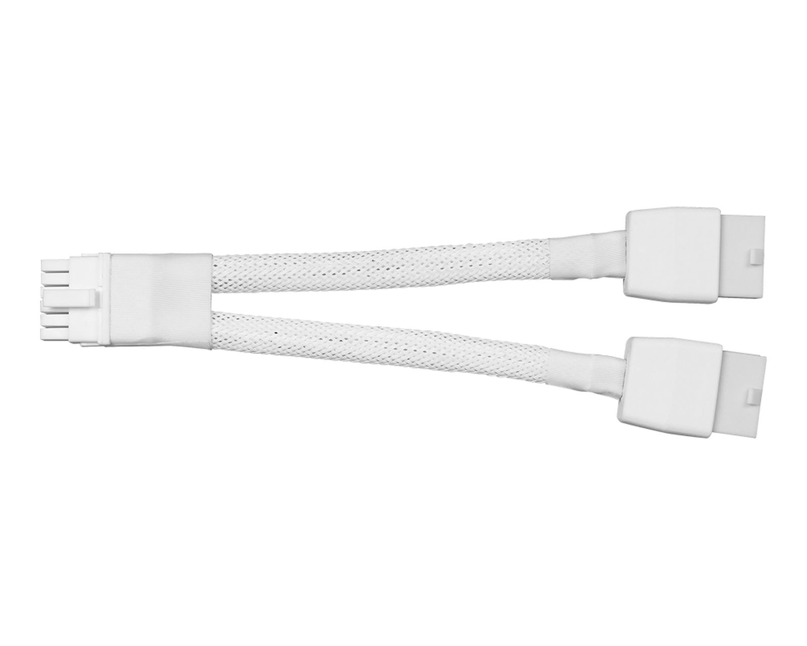 Biały kabel rozdzielacza z dwoma męskimi złączami na białym tle.