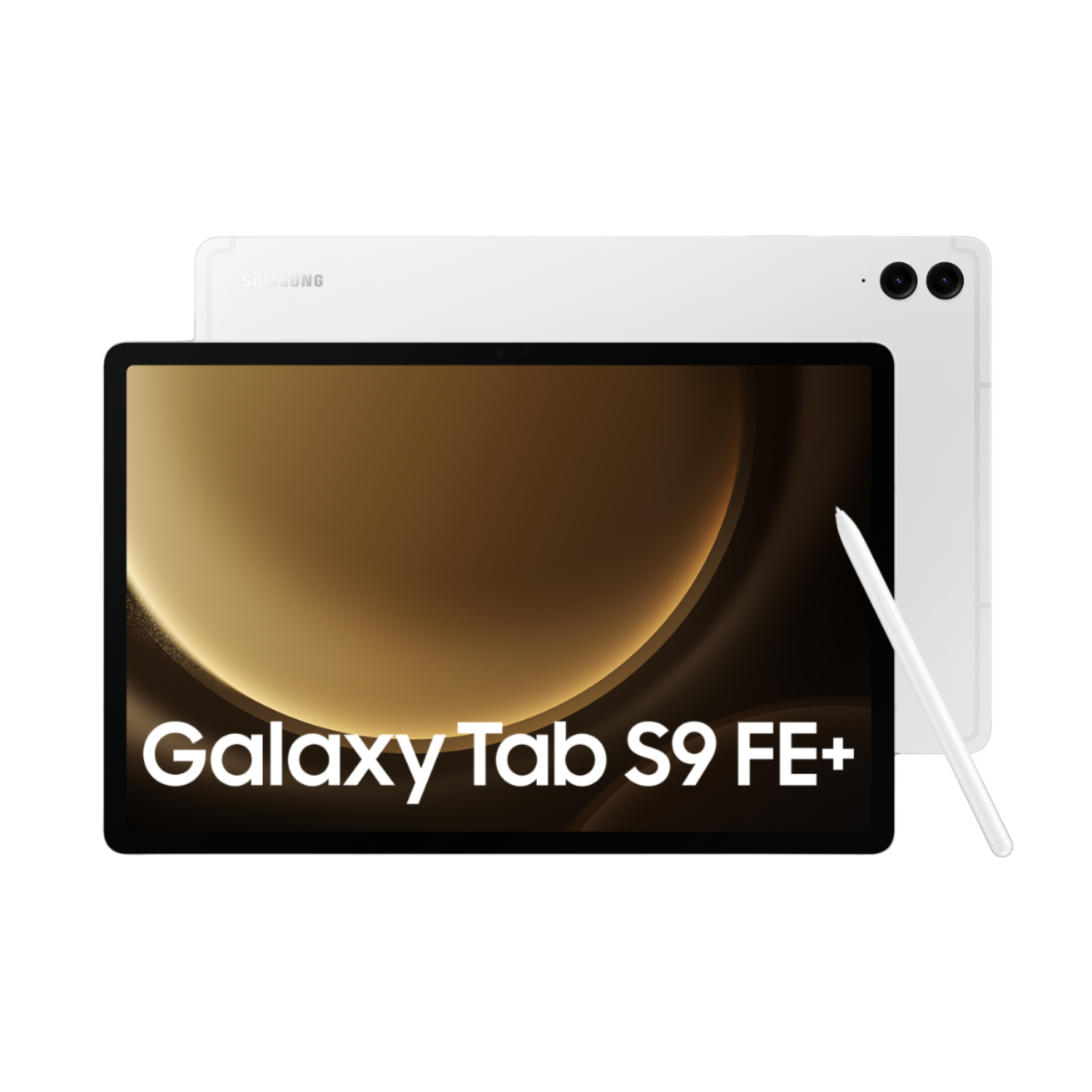 Un tablet Samsung Galaxy Tab S9 FE+ bianco con una penna. È mostrato da due angolazioni.