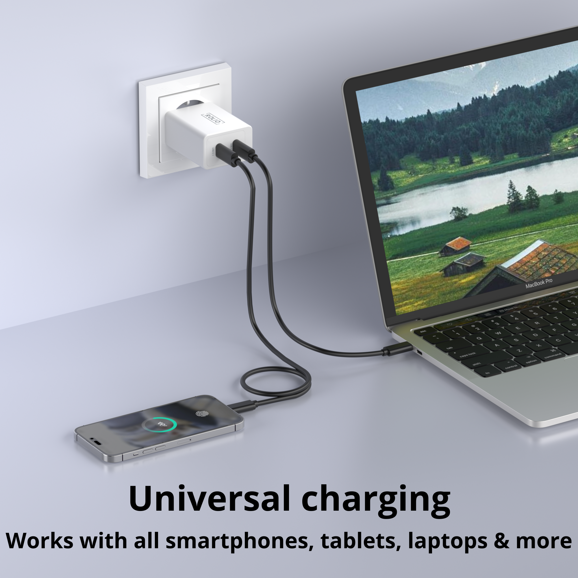 Telefon, das über ein USB-Kabel von einem Laptop geladen wird. Ein Ladegerät steckt in der Steckdose.