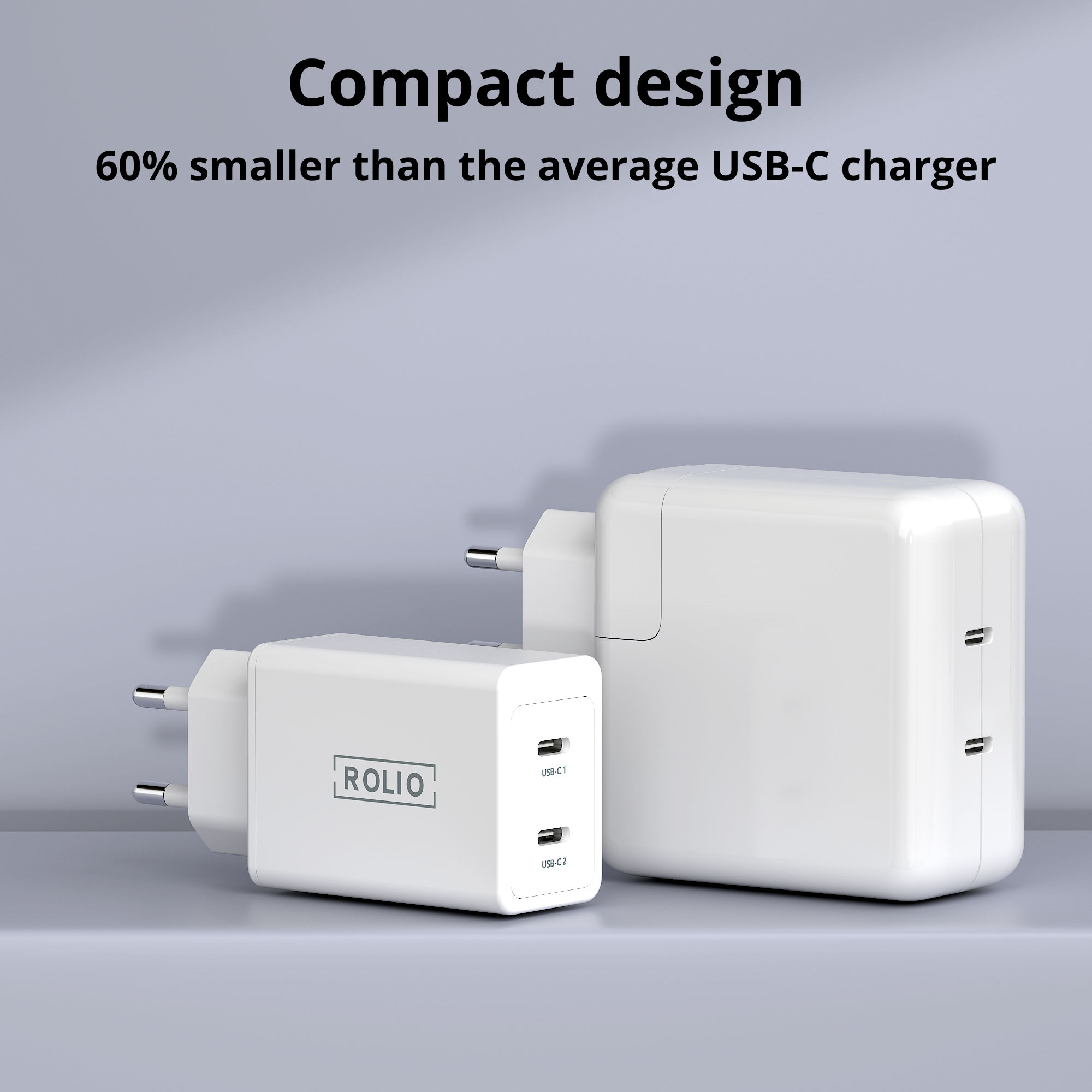 Zwei weiße USB-C-Ladegeräte, eines größer als das andere, auf grauem Hintergrund.