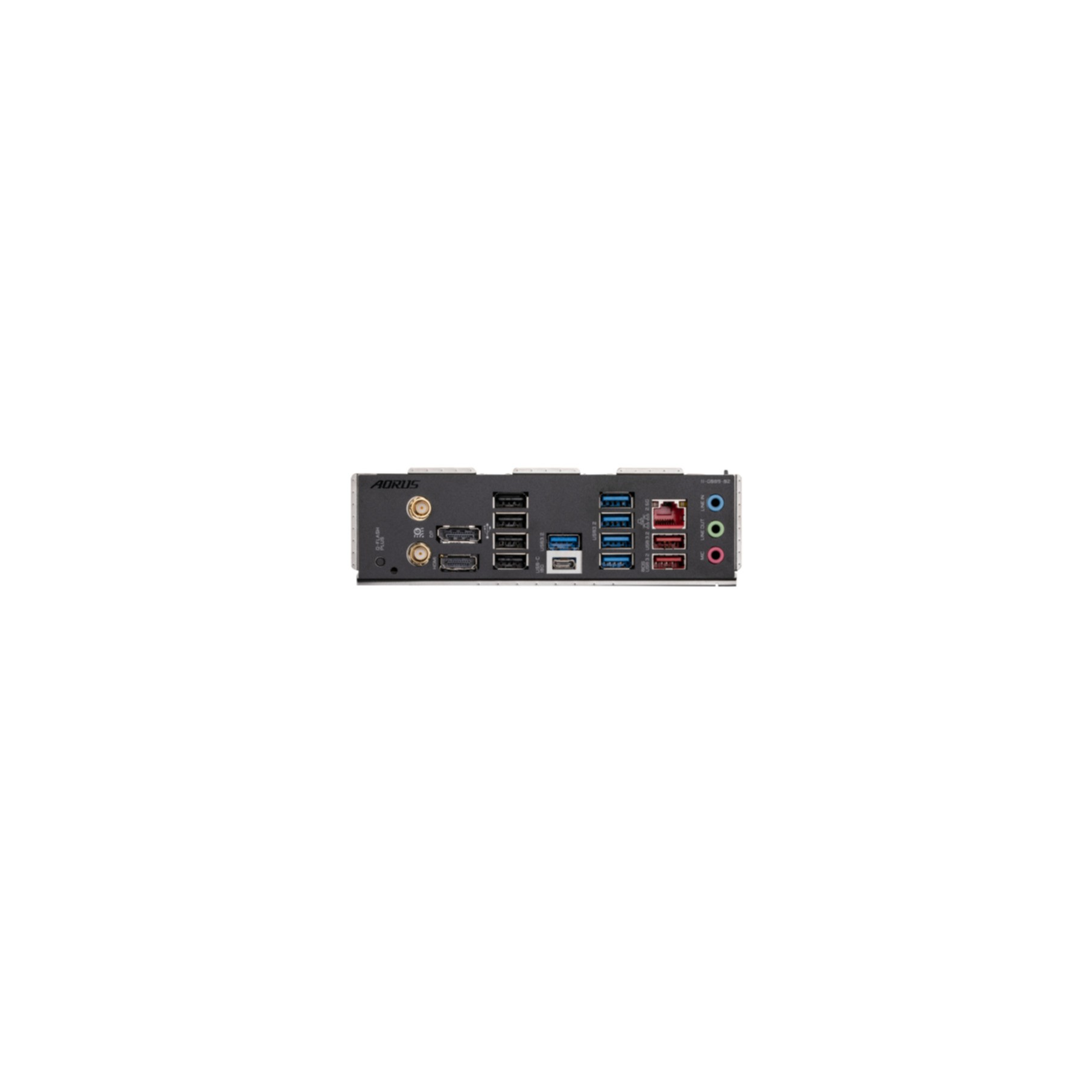 Vista trasera de una placa base de computadora negra con puertos.