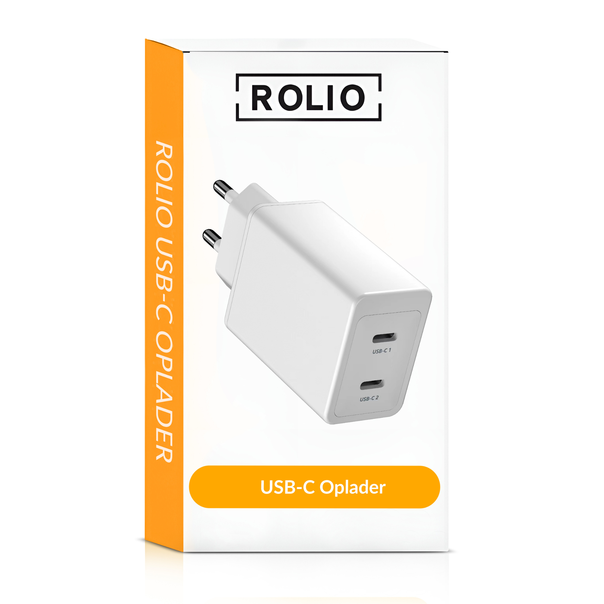 Weißes USB-C-Ladegerät in einer weißen Box mit der Aufschrift 'ROLIO USB-C OPLADER'.