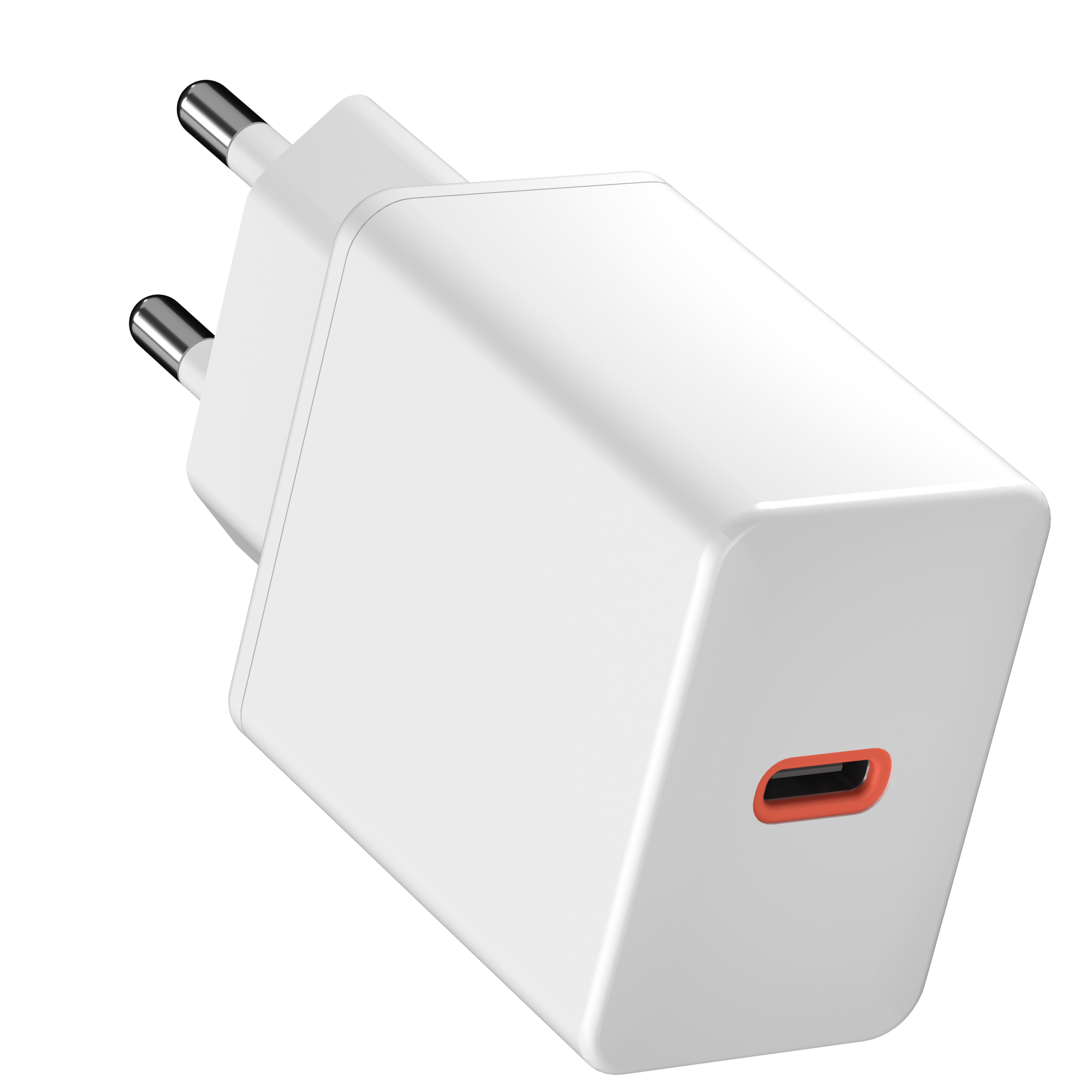 Weißes Telefonladegerät mit zwei Metallstiften und einem USB-C-Anschluss.