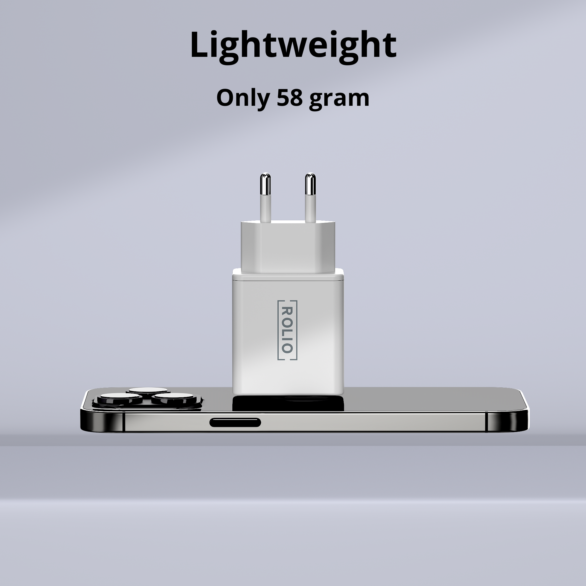 Weißes Telefonladegerät mit zwei Stiften, auf einem Telefon liegend. Text: "Lightweight, Only 58 gram".