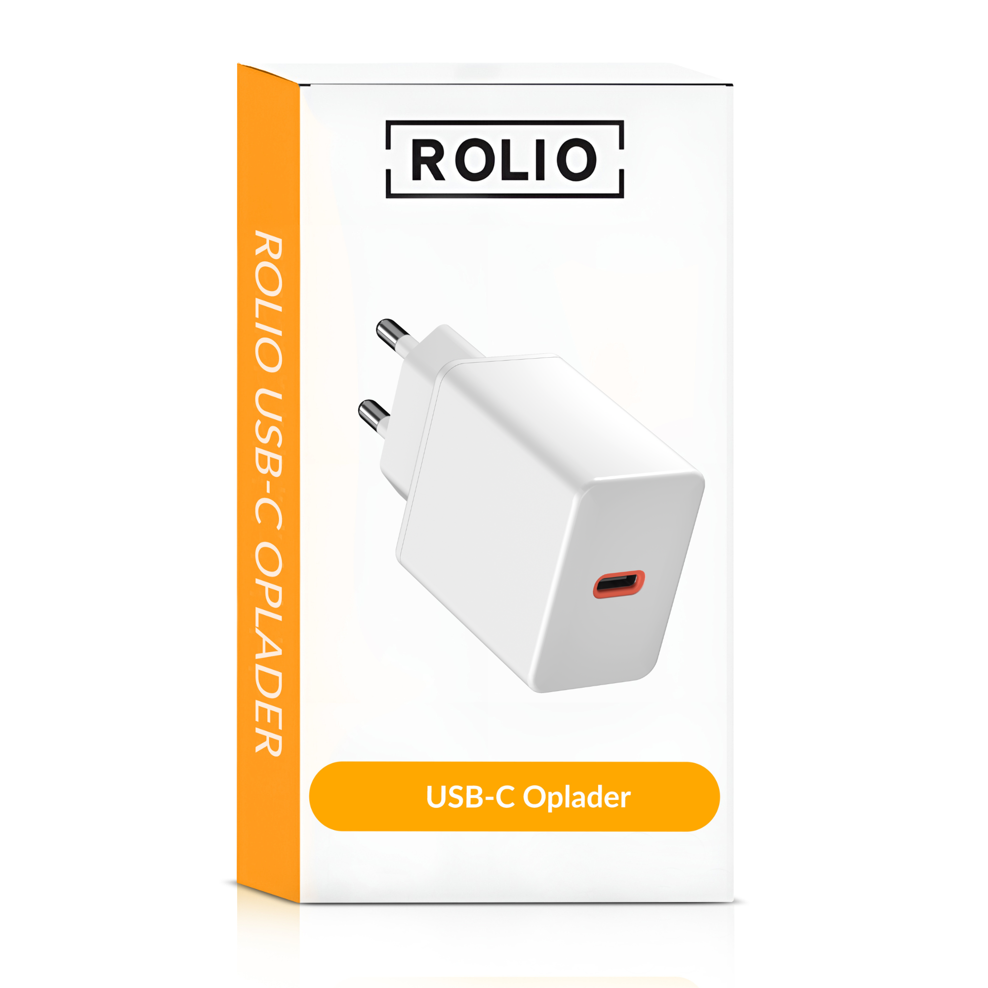 Ein weißes USB-C-Ladegerät in einer weißen Box mit 'ROLIO' und 'USB-C Oplader' aufgedruckt.