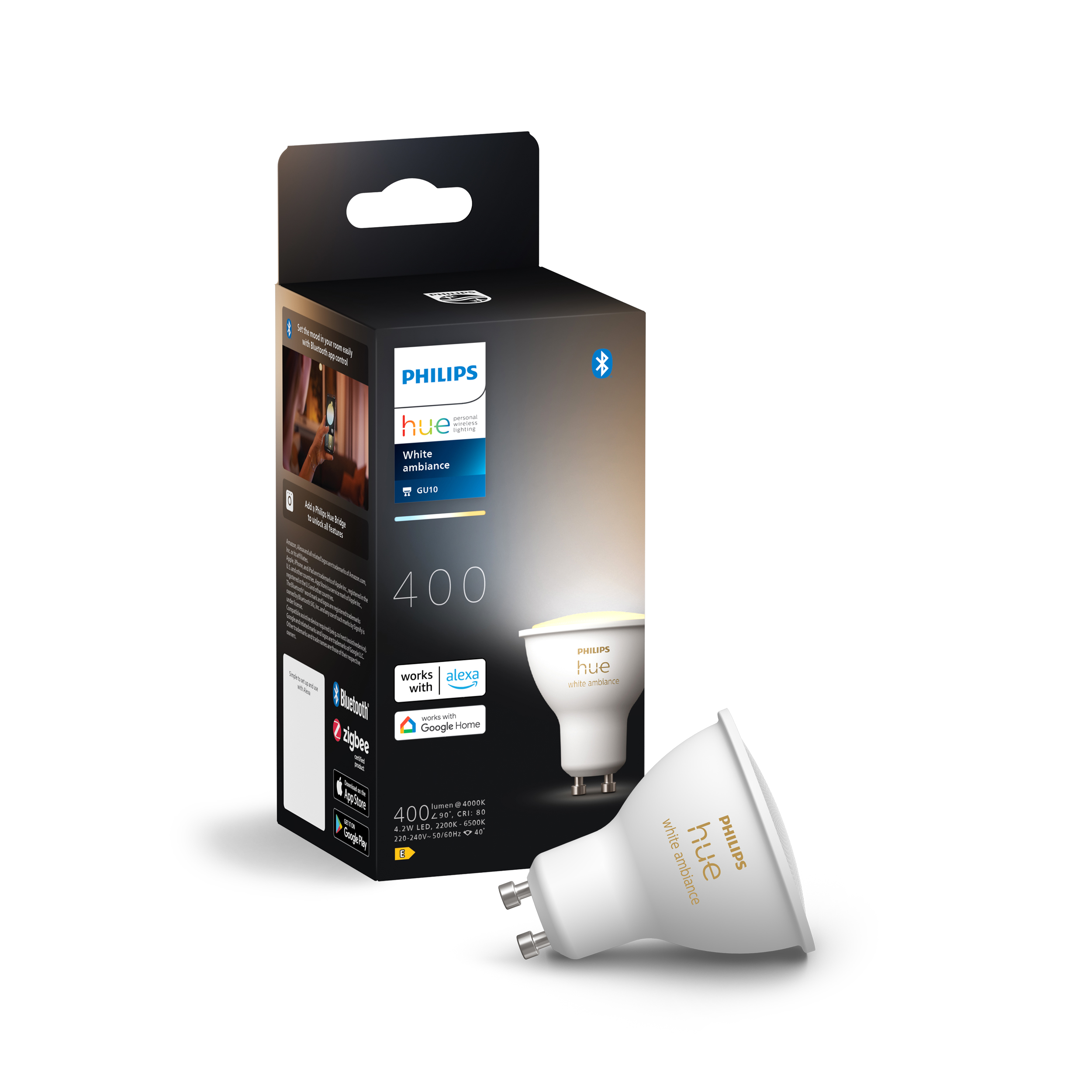 Philips Hue lamp en doos. De doos is zwart met witte Hue-branding en een Bluetooth-icoon.
