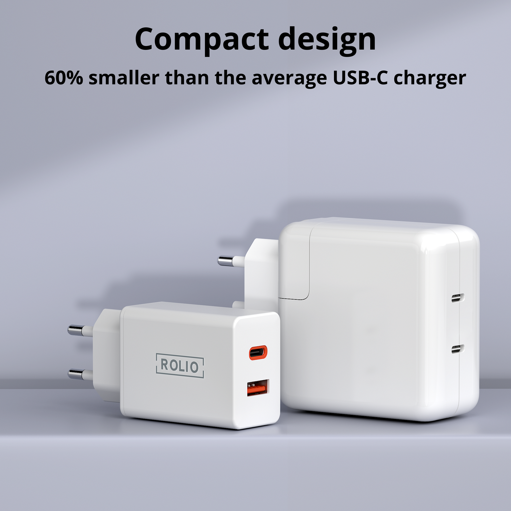 Witte opladers met oranje USB-poorten en zwarte stekkers; tekst 'ROLIO'.