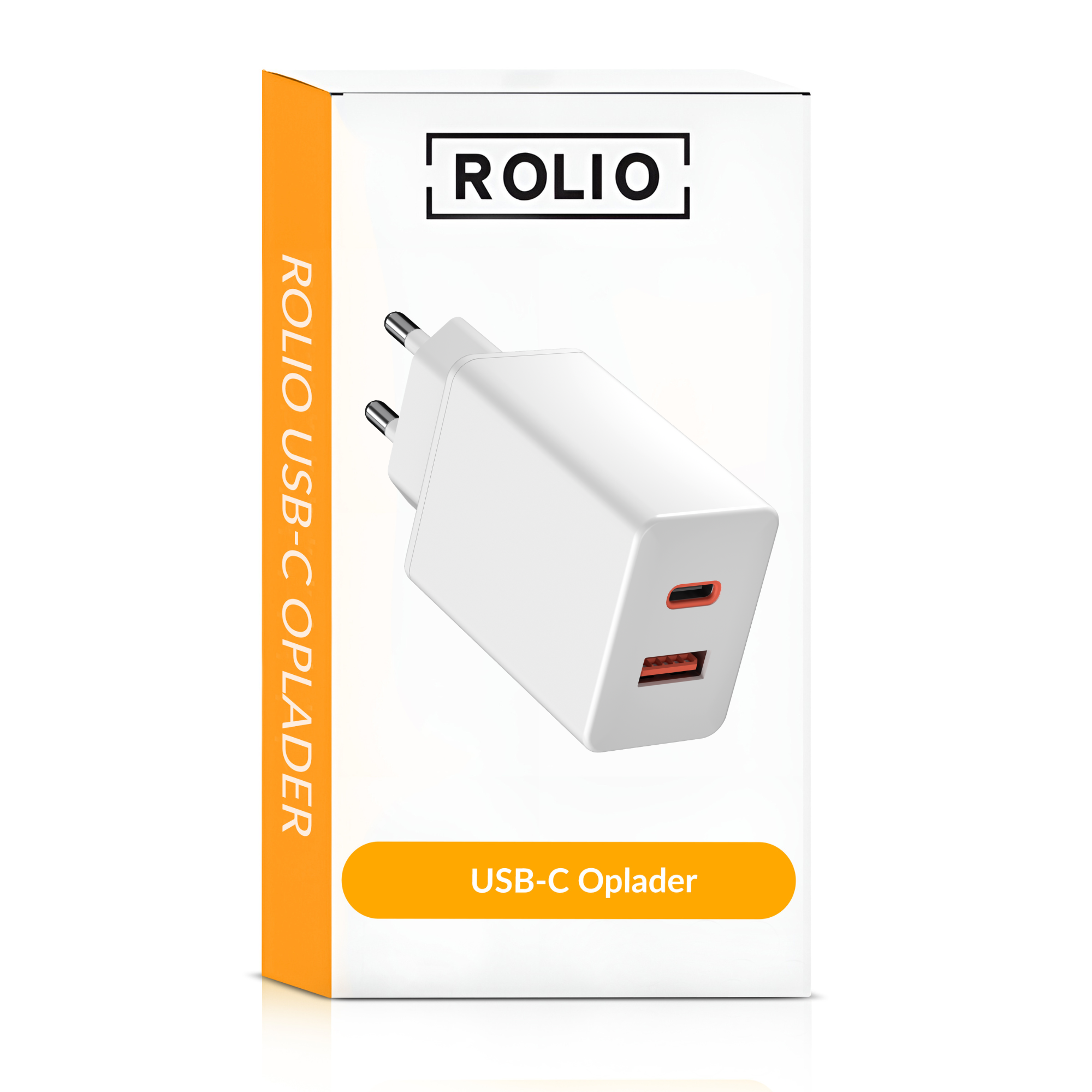 Een witte doos met een USB-C-oplader. De doos heeft oranje accenten en tekst. De oplader is wit.